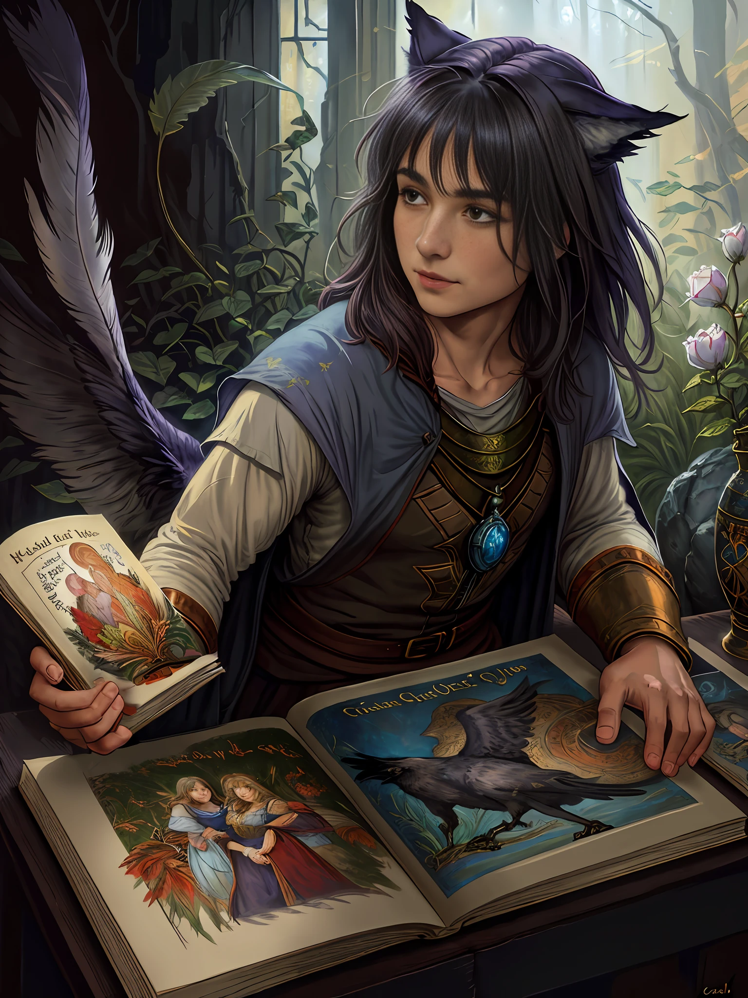 Brian Froud style, oil painting, chiaroscuro, comic style, A hybrid creature with the body and head of a wolf but the feathers and tail of a raven, on (cold pressed 300g/m² cotton paper), dynamic, highly detailed, artstation, concept art, smooth, sharp focus, illustration, art by John William Waterhouse, details by Carl Larsson, detailed cavern background, 60-30-10 color rule, warm tones, rays of light, studio lighting, white background, pastel colors