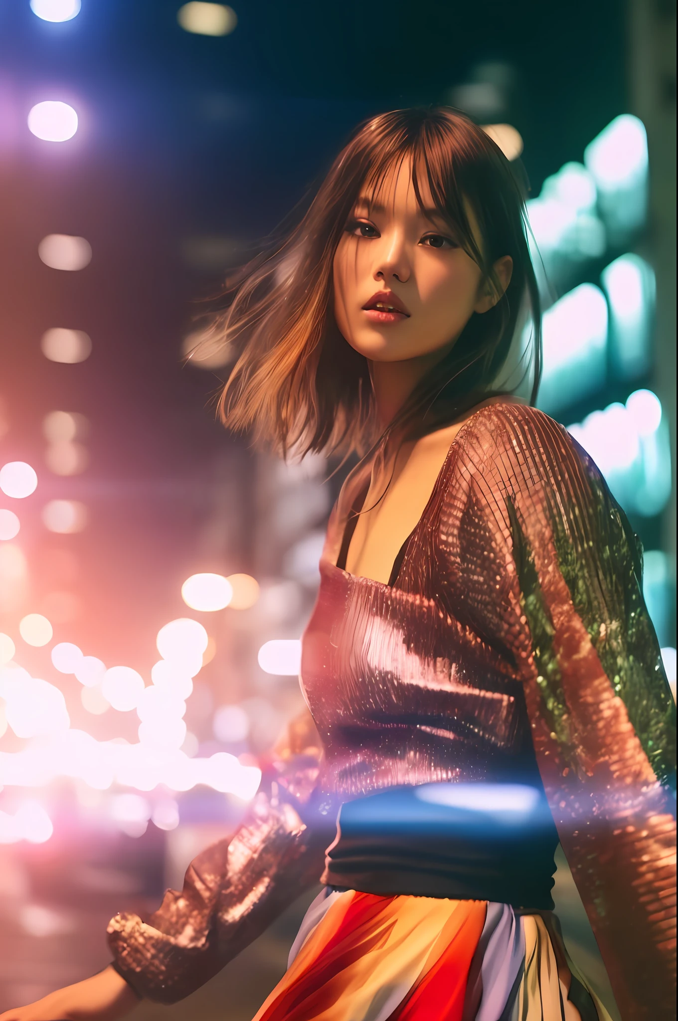 Film still, mid shot, Fashion Photography, a very pretty Tokyo girl, colourful straight hairstyle, plain colour skirt, realistic skin texture, photo realistic, raining, night time, Low saturation, masterpiece, global illumination, UHD