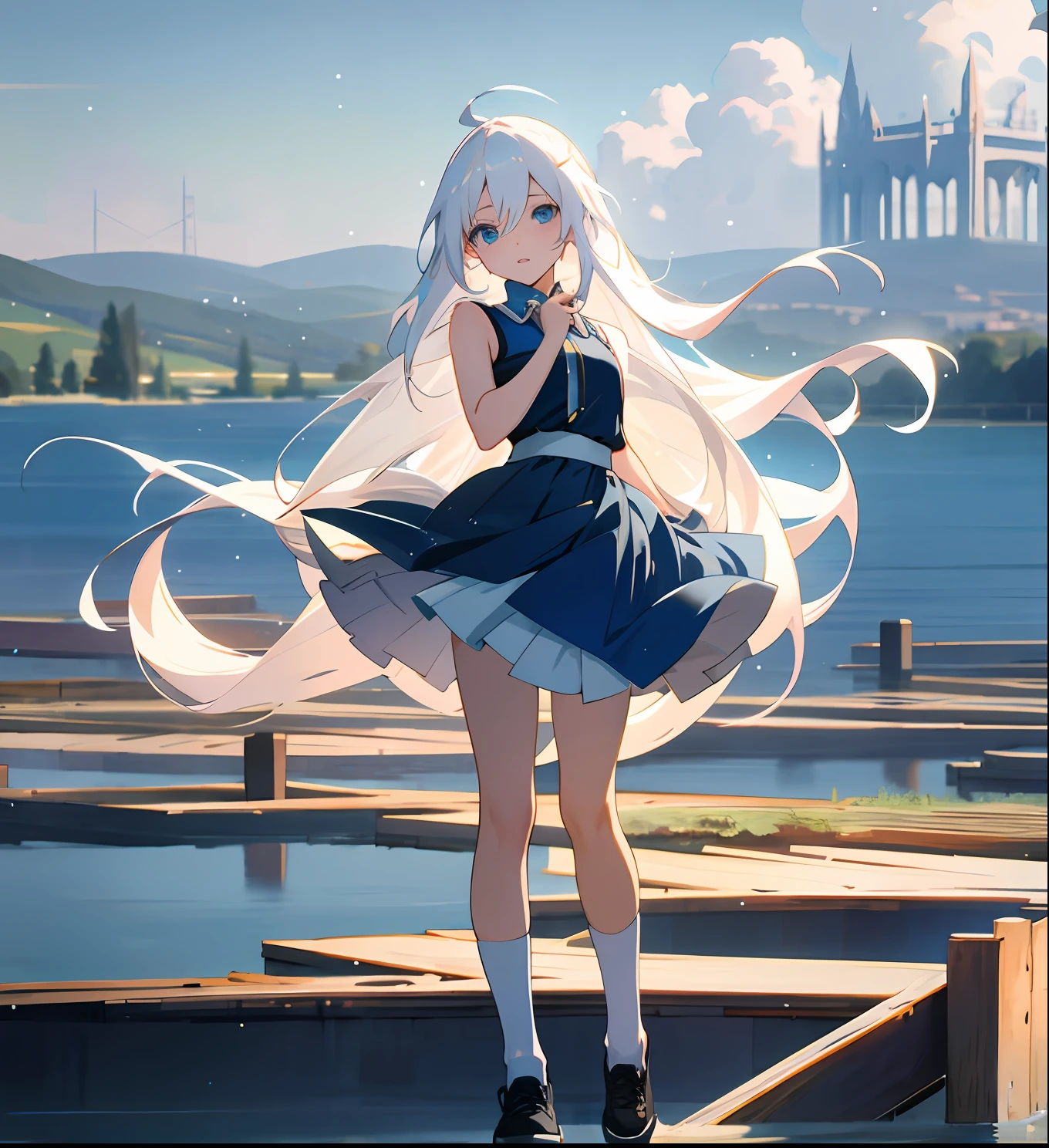 Anime style, manga art, masterpiece, best-quality, best artist, best luminosity, best performance, best structures and texture, of a pretty girl with long white hair, sparkling pearly blue eyes, white skin, wearing a sleeveless blouse, with a short skirt of spun, high white socks, black shoes, amazing lake landscape scenery.
