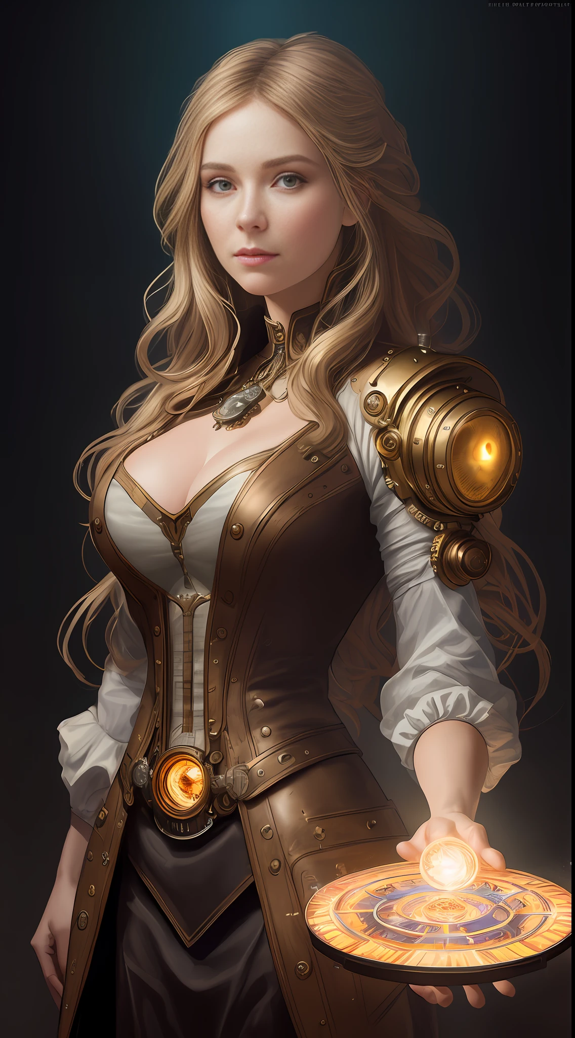 Clara Crawford, photorealistic beautiful woman, light hair, full body, cover, hyperdetailed painting, luminism, Bar lighting, complex, 4k resolution concept art portrait by Greg Rutkowski, Artgerm, WLOP, Alphonse Mucha, little fusion pojatti realistic steampunk, fractal isometrics details bioluminescens : a stunning realistic
