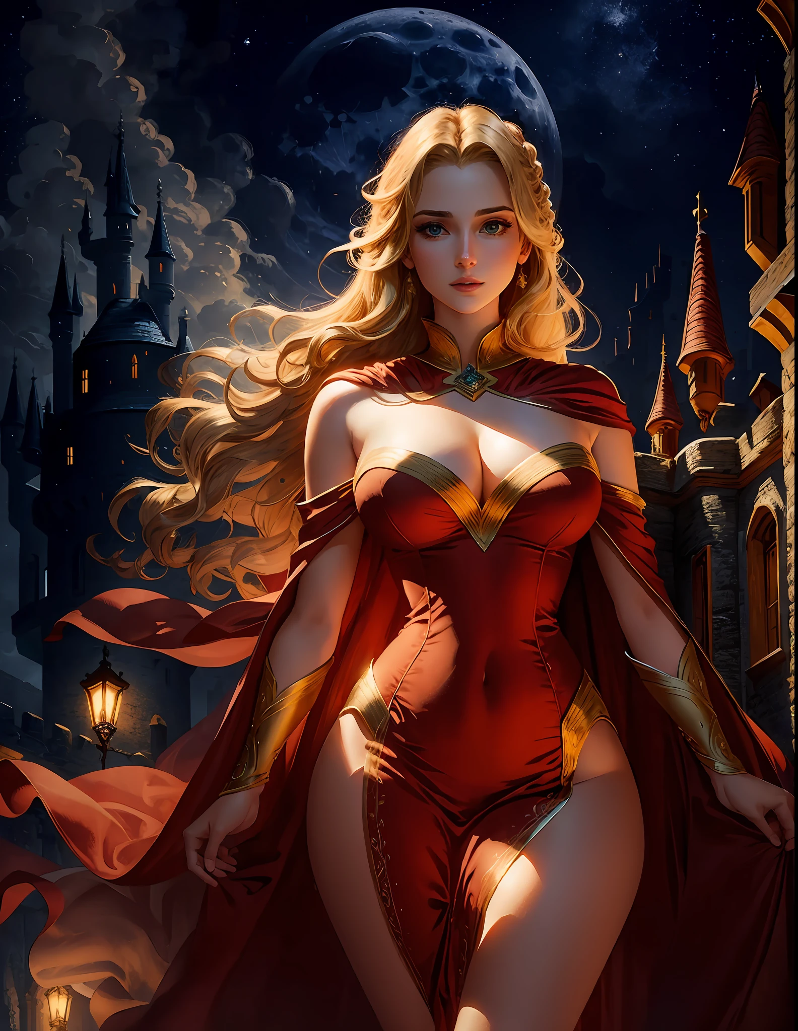 masterpiece, high quality, solo focus, (perfect face: 1.1), (high detail: 1.1), dramatic, dynamic pose, 1 girl, small breasts, blonde hair, green eyes, solo, neckline, long hair, curves, see -through, dress, thick thighs, navel showing, red dress, bare shoulders, wide hips, lips, cape, castle, night, moon, detailed background, artgerm art, cinematic lighting,