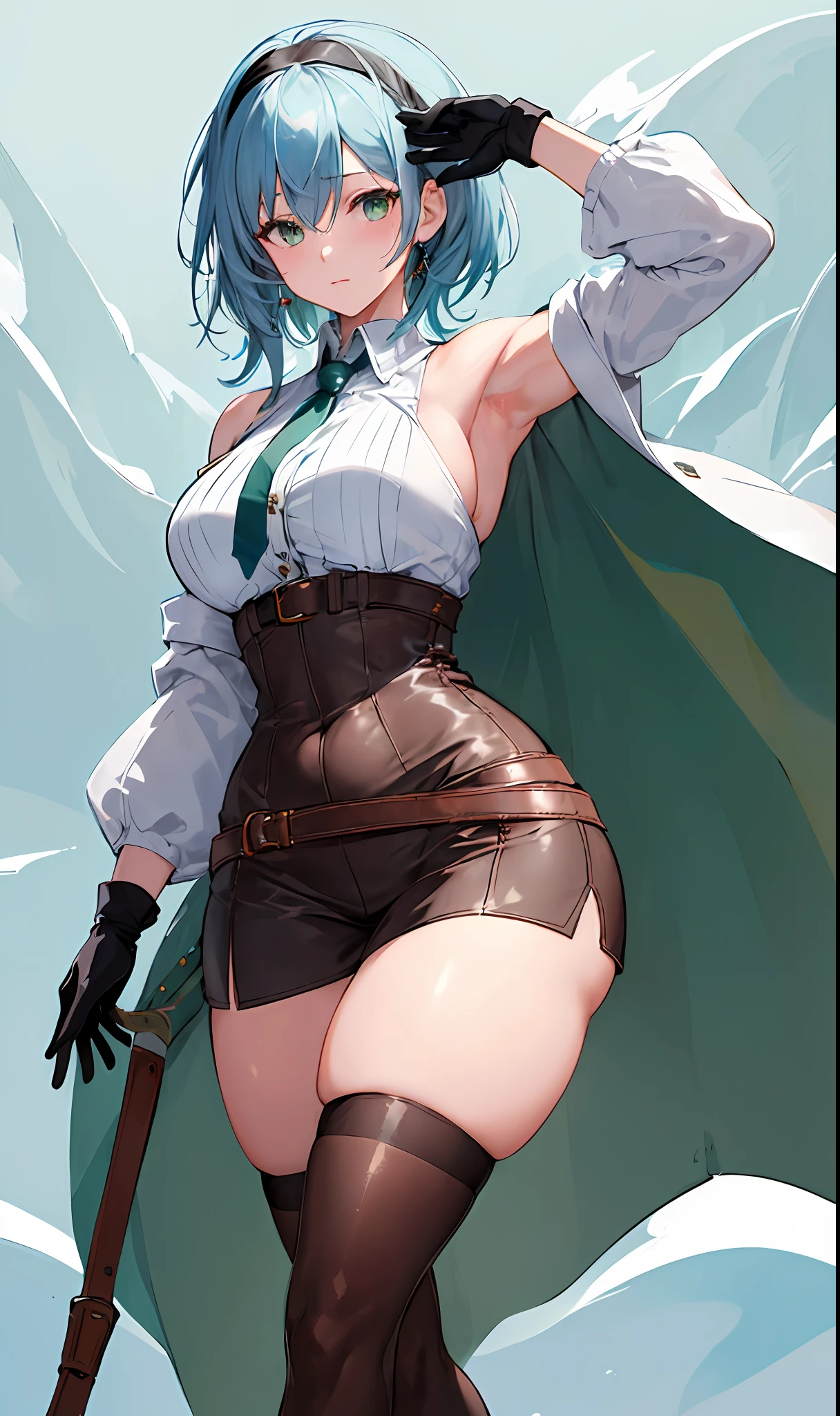 ((masterpiece, best quality)), (1girl),((mature female)), light blue hair, thick thighs, hair band, long sleeves, leather gloves, side bangs, dark green eyes, medium hair, tights, hair ornament, long socks, armpits, tied hair, curvy, confident, [wide hips], snow, nature, artgem,