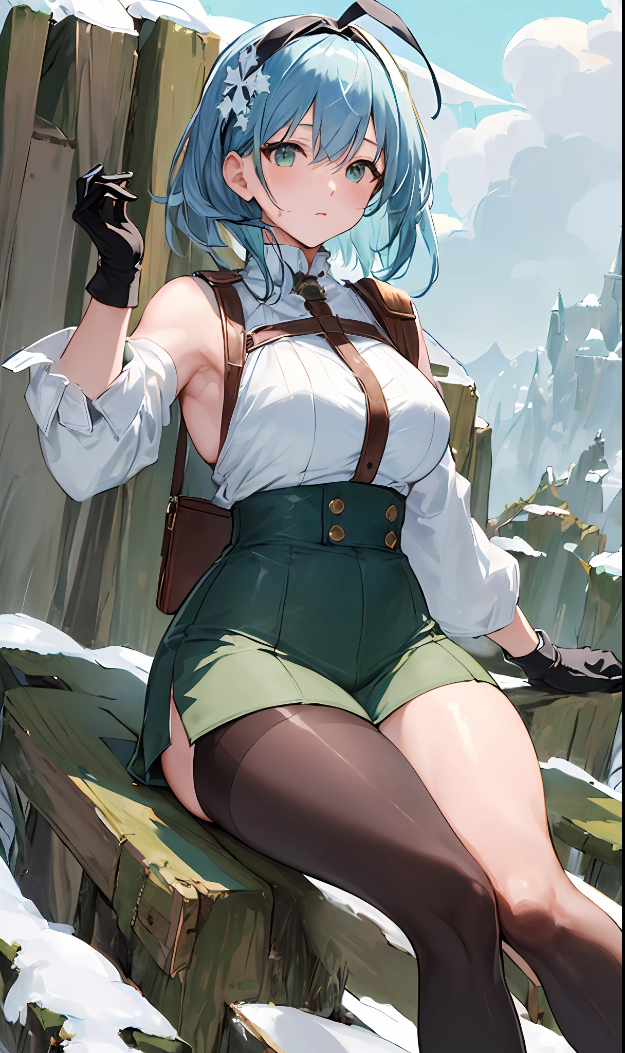 ((masterpiece, best quality)), (1girl),((mature female)), light blue hair, thick thighs, hair band, long sleeves, leather gloves, side bangs, dark green eyes, medium hair, tights, hair ornament, long socks, armpits, tied hair, curvy, confident, [wide hips], snow, nature, artgem,