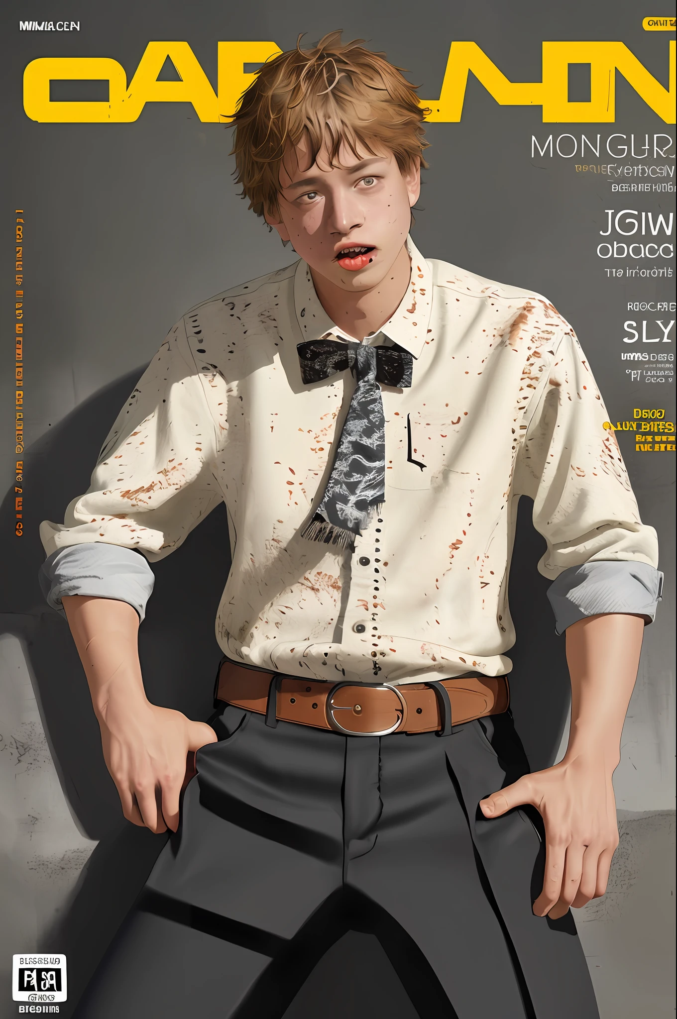 magazine cover, splatter background, legible bold text, intricate detail, masterpiece, best quality, highres, dja, student clothing, collar shirt, rolled up sleeve, black pants, belt, short hair, cowboy shot