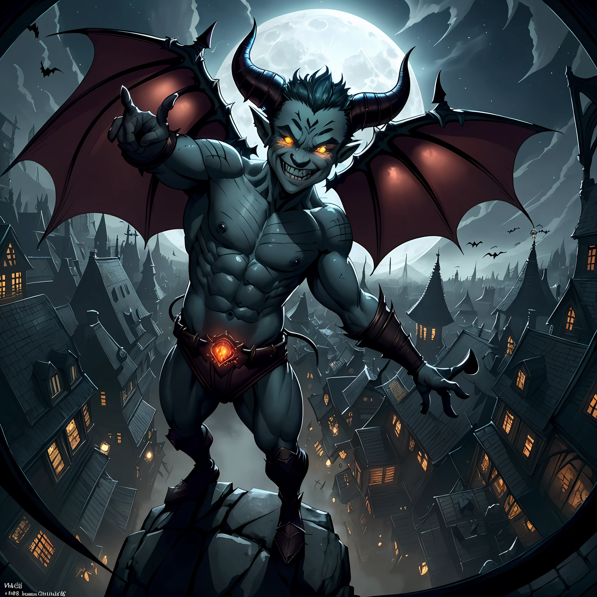 Grimsnarl is a pint-sized imp, standing at only two feet tall. His skin is a dark, ruddy red, tough and leathery, with a pair of small, black horns protruding from his forehead. His eyes are a glowing yellow, with a mischievous glint that always seems to be present. He has a pair of bat-like wings on his back, a wicked grin, and a long, pointed tail that flicks back and forth. (Fisheye lens), sadistic face:evil, trending in artstation 4K, (from above), fantasy city alley, (night), (scene lit by full moon:bioluminescent stars)=1