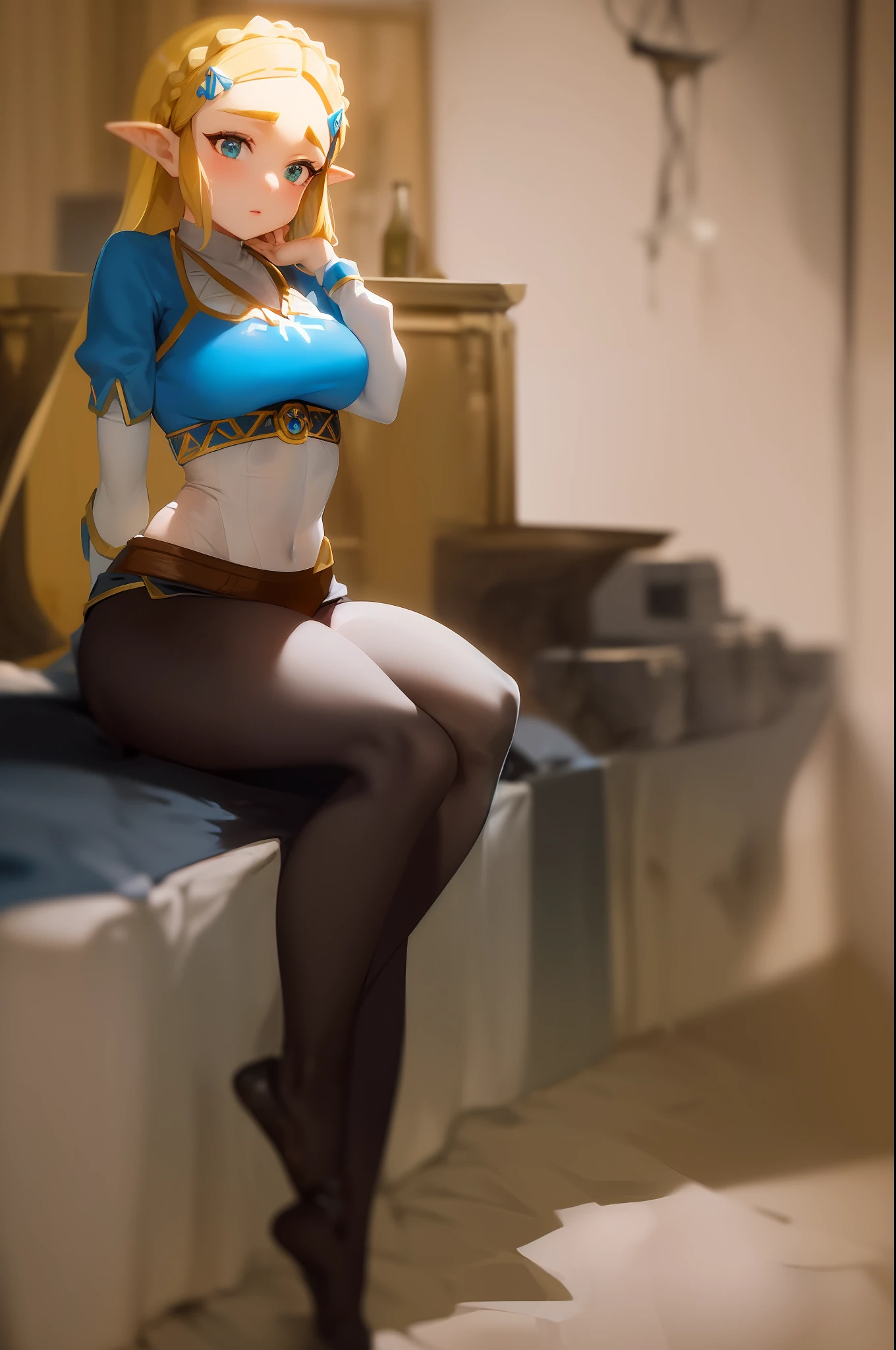 masterpiece, best_quality, 1girl, solo, princess zelda, nintendo, the legend of zelda, botw, black pants
