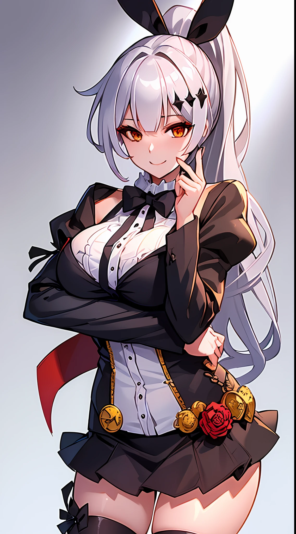 (Extremely detailed 8k CG unit wallpaper), (masterpiece), (best quality), (ultra detailed), (best illustration), (best shadow), (sharp eyeliner), eye shadow, (detailed eyes: 1.2), (fiveseven: 1), charming smile, 1 girl, long ponytail, sexy pose