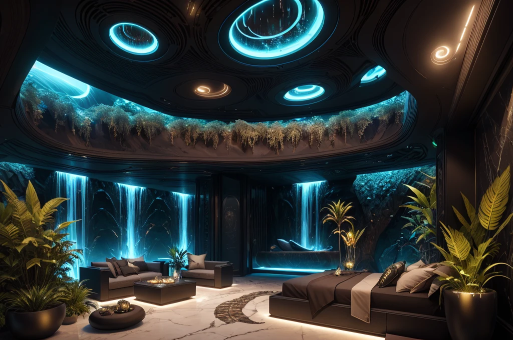 incredible black luxurious futuristic bedroom interior in Ancient Egyptian style with many (((lush plants))) (lotus flowers), ((palm trees)), rocky walls, (egyptian hieroglyphs and ornaments), ((sand)), ((waterfalls)), (marble), ((precious minerals)), ((metals)), (gemstones), crystals, clouds and ((water)), (curvy futuristic furniture), crocodiles, (((ultra luxury))), (black marble) – with ((beautiful lights)), Unreal Engine, HQ, 16k