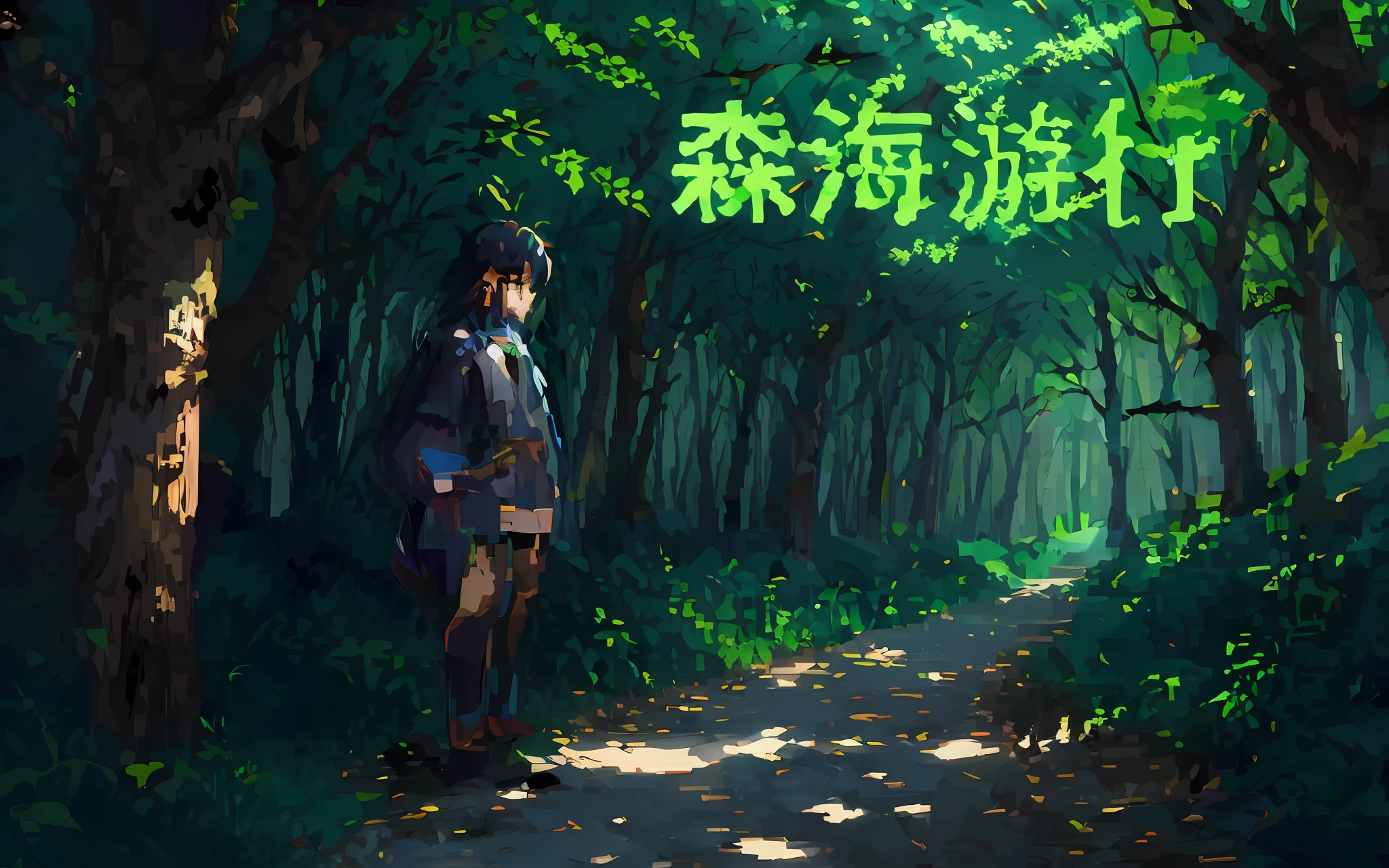 Anime characters standing in forest on green background, anime lush John 8k forest, anime art wallpaper 8k, anime wallpaper 4K, anime wallpaper 4K, 4K anime wallpaper, made by Shingei, made by anime painter studio, anime art wallpaper 4K, anime art wallpaper 4K, by Shi Tao, demon killer Lu fanart, deep forest style title font