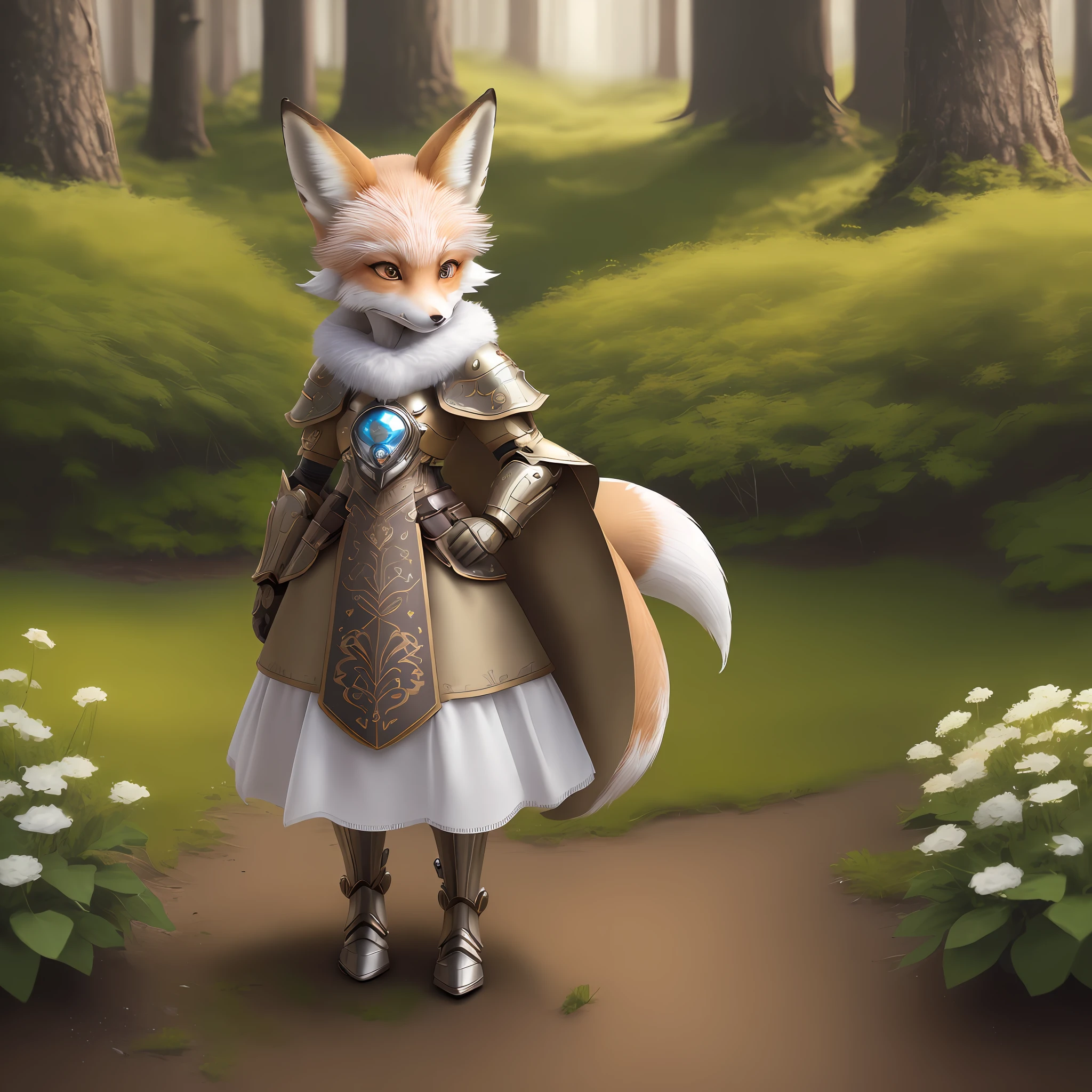 (((solo))), (full body) shot photo of the most beautiful artwork detailed, intricate detail, High Detail, ultra realistic, hide armor, petite proportions, ((tiny head)), realistic anthropomorphic art, (anthropomorphic art!!!, ((female anthro artic fox cleric)), forest, very very beautiful anthro art, realistic, 8k, no human hair, no duplicate, no duplicate tails, no clone, no big head