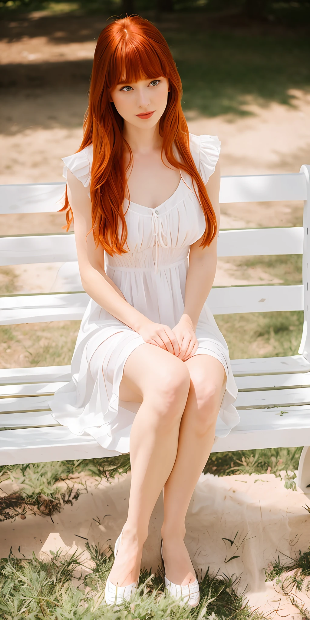 arafed woman sitting on a bench in a white dress, wearing a cute white dress, wearing white dress, sitting on a park bench, redhead girl, cute redhead girl, perfect goddess, hot, masterpiece, sitting on bench, sitting on a bench, beautiful redhead woman, wearing a white dress, amouranth, redhead woman, white dress, beautiful white dress, wearing a flowing white dress