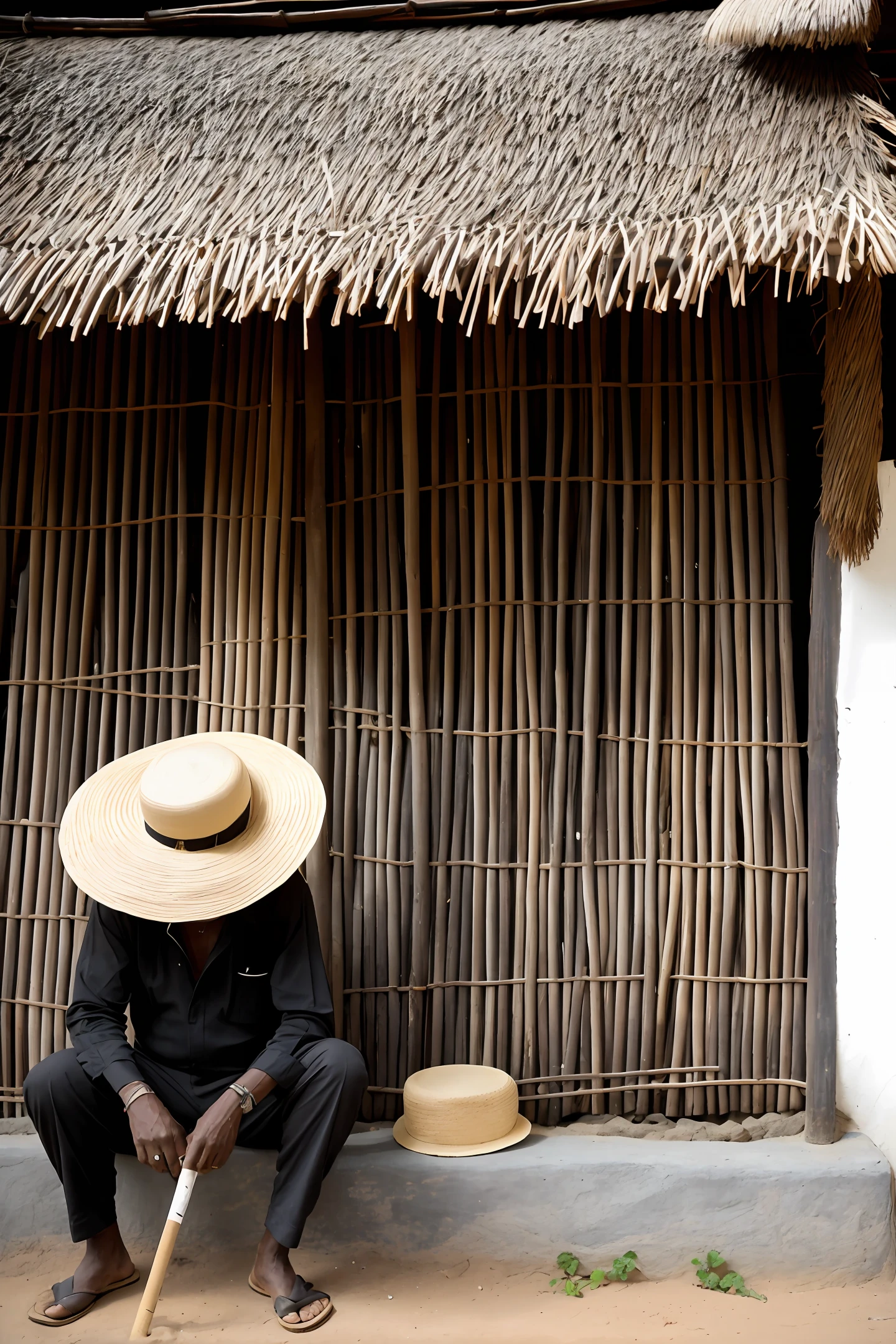 Orixá Preto Velho sitting on a wooden bench in front of a mud house in the northeastern hinterland smoking his caximbo and straw hat