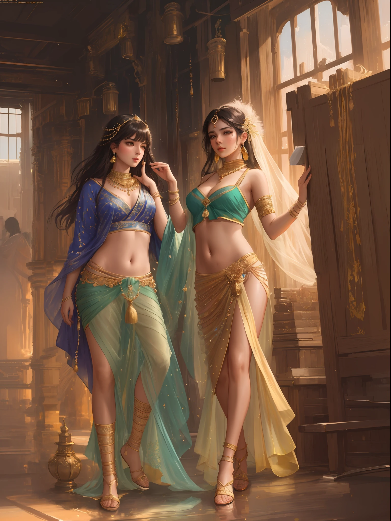 modelshoot style, (extremely detailed CG unity 8k wallpaper), full shot body photo of the most beautiful artwork in the world, stunningly beautiful photo realistic cute women in saree (navel:1.5), professional majestic oil painting by Ed Blinkey, Atey Ghailan, Studio Ghibli, by Jeremy Mann, Greg Manchess, Antonio Moro, trending on ArtStation, trending on CGSociety, Intricate, High Detail, Sharp focus, dramatic, photorealistic painting art by midjourney and greg rutkowski