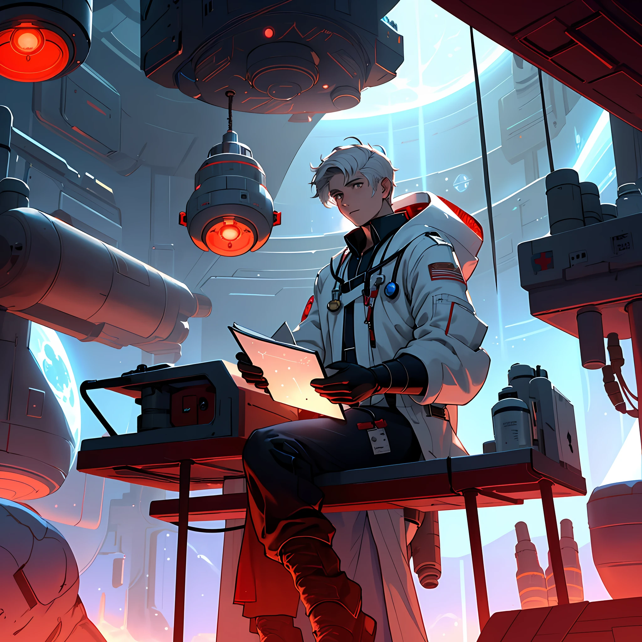 Draw a young blodne hair medic, sitting on a medical bay research platform at the space ship, asteroid belt visible through the big window. He is studying with a notebook, surrounded by several asteroids glowing with fiery auras. Drips of red blood here and there, Dramatic lighting from distant stars and planets illuminates the scene, casting deep shadows on the medical coat. The young man looks confident and determined, looking at the vast and mysterious universe with wonder and respect, cowboy shot, middle lengh hair, red contrast colour, blood splater here and there