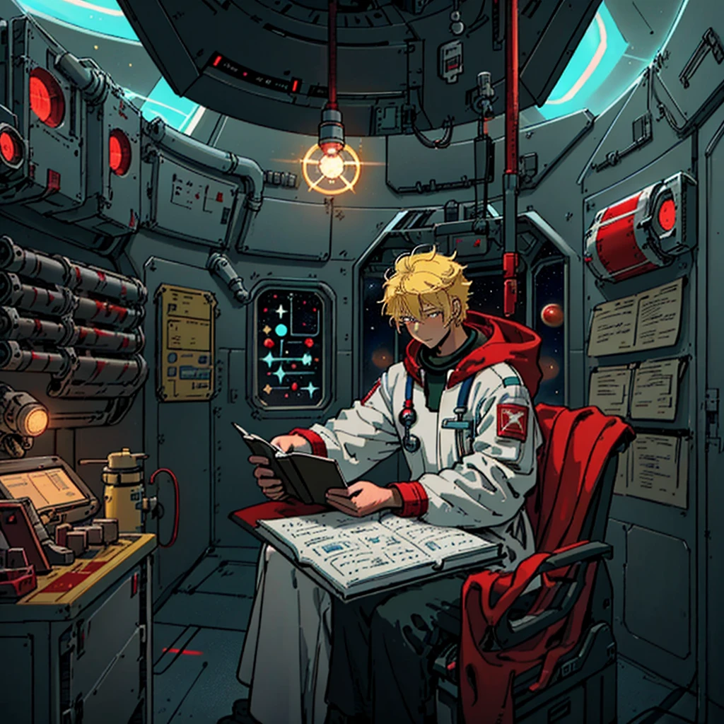 Draw a 27 years old blodne yellow hair medic, sitting on a medical bay research platform at the space ship, asteroid belt visible through the big window. He is studying with a notebook, surrounded by several asteroids glowing with fiery auras. Drips of red blood here and there, Dramatic lighting from distant stars and planets illuminates the scene, casting deep shadows on the medical coat. The young man looks confident and determined, looking at the vast and mysterious universe with wonder and respect, cowboy shot, middle lengh hair, red contrast colour, blood splater here and there