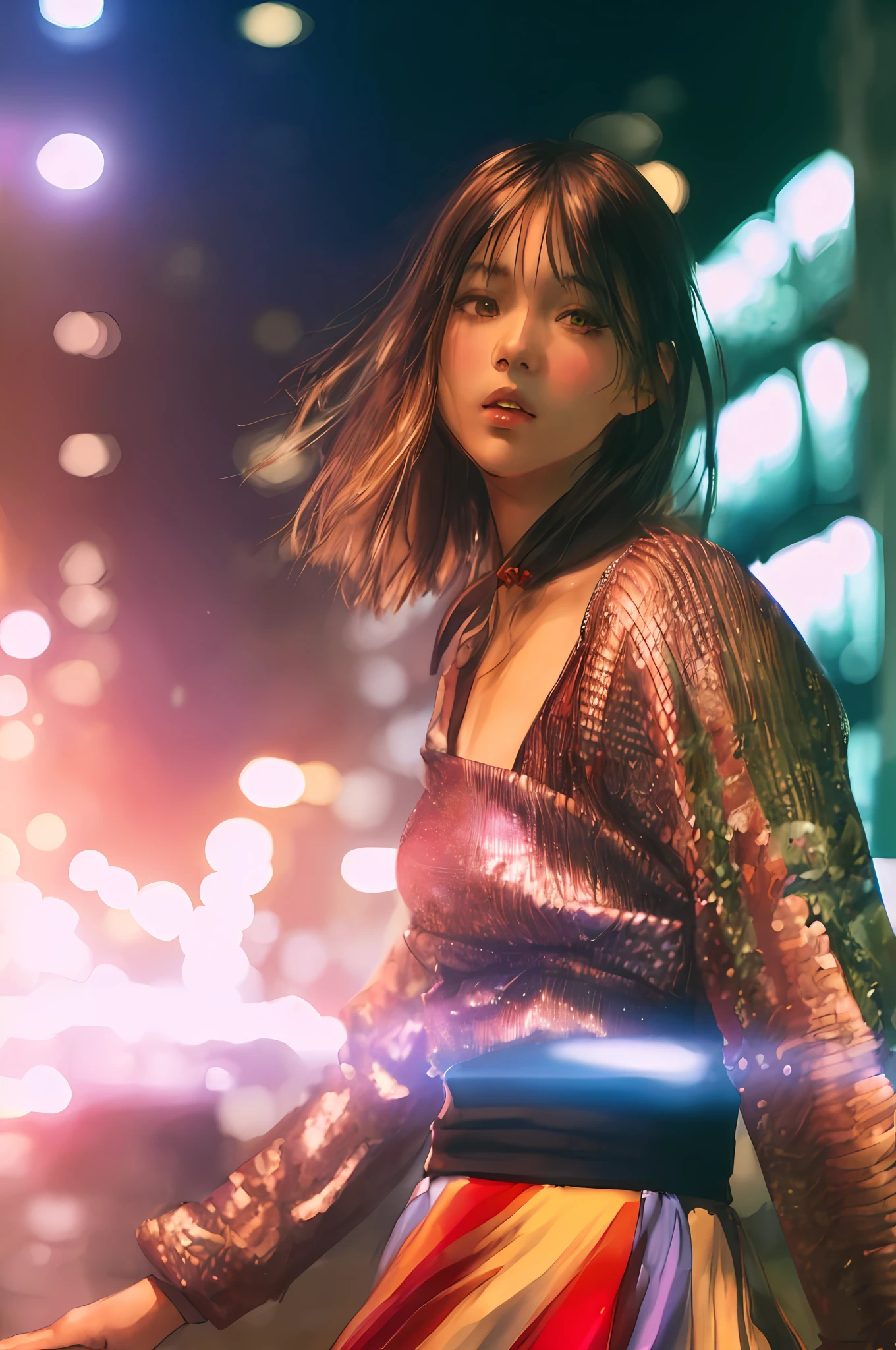 Film still, mid shot, Fashion Photography, a very pretty Tokyo girl, colourful straight hairstyle, plain colour skirt, realistic skin texture, photo realistic, raining, night time, Low saturation, masterpiece, global illumination, UHD