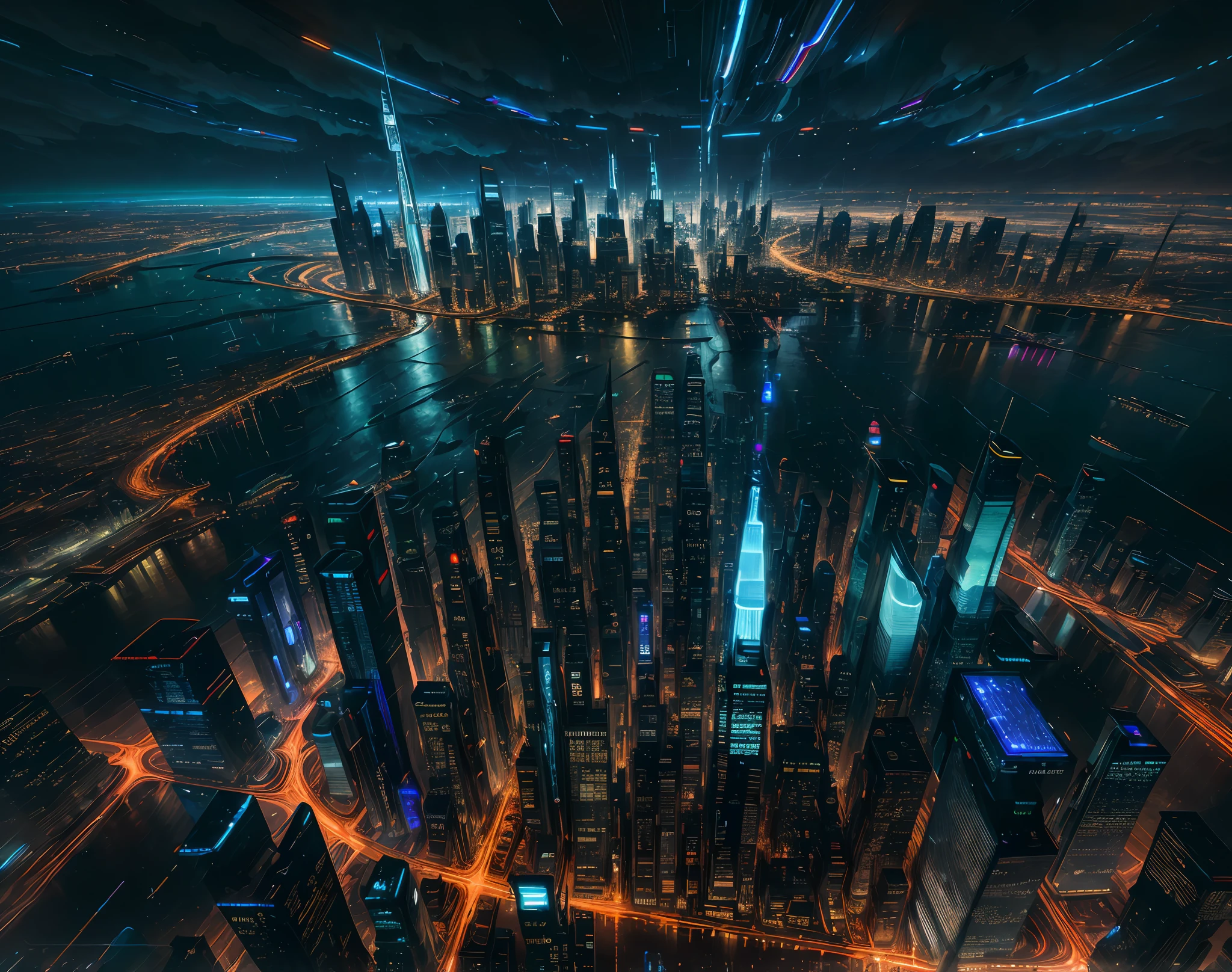 (absurdres, highres, ultra detailed), science fiction, long shot, futuristic city, nighttime, glass towers soar into the sky, lights, ribbons of light flow represent hovering cars flying between the towers. night sky, clouds, rain, reflections, city seems endless, streaks of light through sky