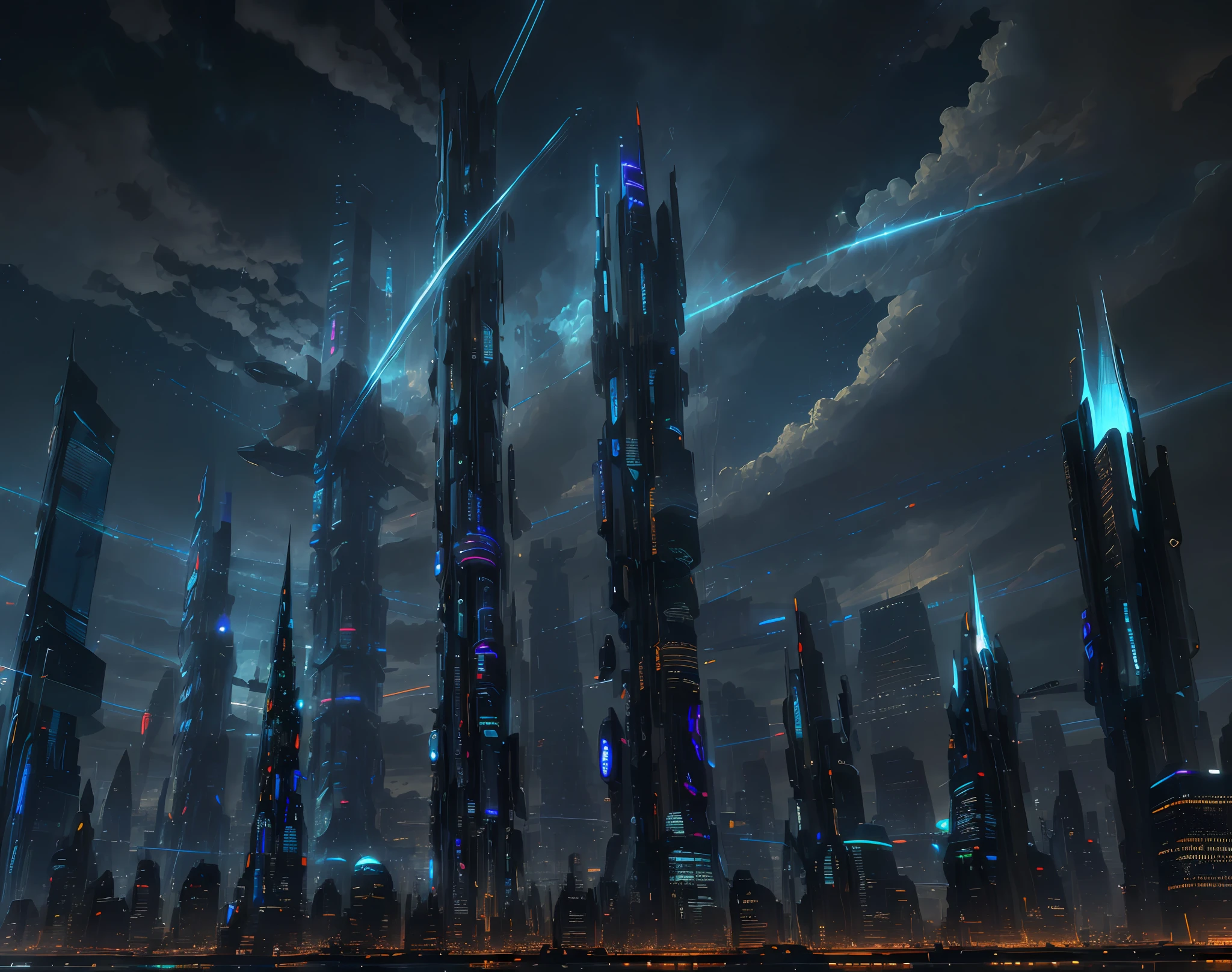 (absurdres, highres, ultra detailed), science fiction, long shot, futuristic city, nighttime, glass towers soar into the sky, lights, ribbons of light flow represent hovering cars flying between the towers. night sky, clouds, rain, reflections, city seems endless, streaks of light through sky