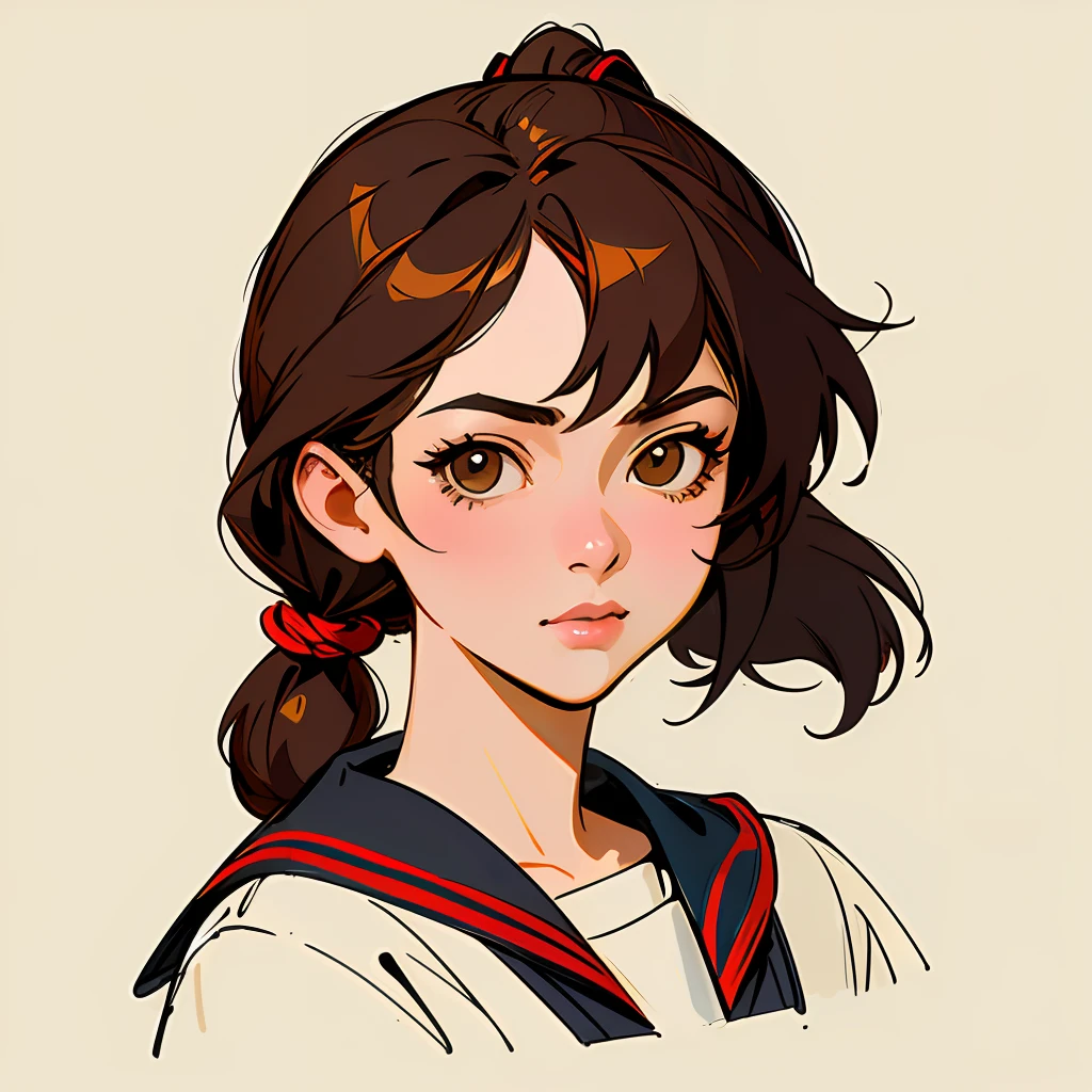 Create a high-quality illustration that combines the distinctive styles of Wlop, Greg Rutkowski, Sandro Botticelli, Ross Tran and Loundraw, featuring a school girl with brown hair tied up in a ponytail and wearing a modern school uniform. Explore different drawing styles from the artists mentioned to add personality to the character's colorful eyes.