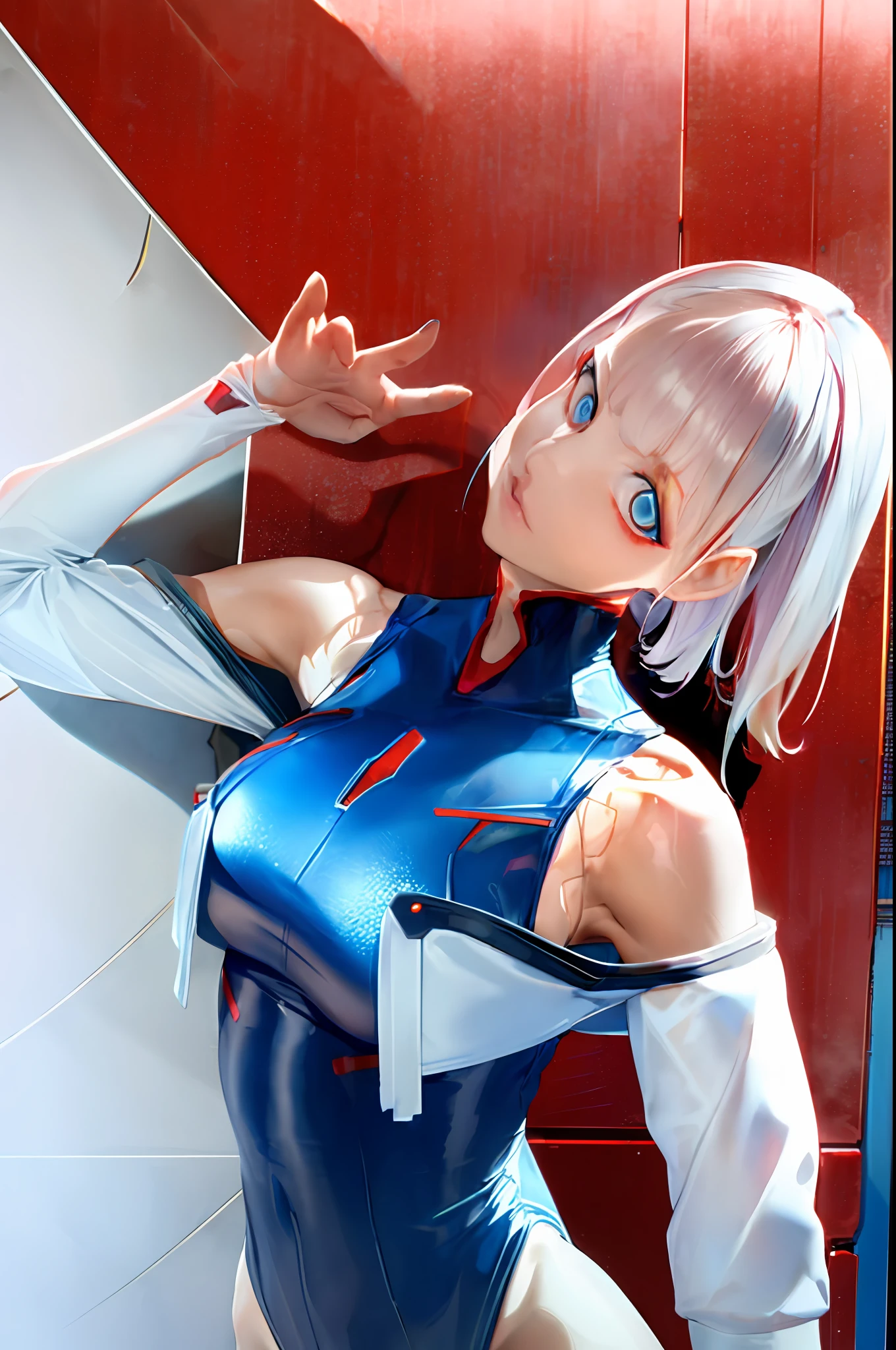 cyberpunk edgerunners, 1girl, lucy \(cyberpunk\), bare shoulders, blue eyes, breasts, leotard, looking at viewer, medium breasts, off-shoulder jacket, off shoulder, red eyeliner, short hair, sleeveless turtleneck leotard, solo, turtleneck leotard, white hair, ((masterpiece))