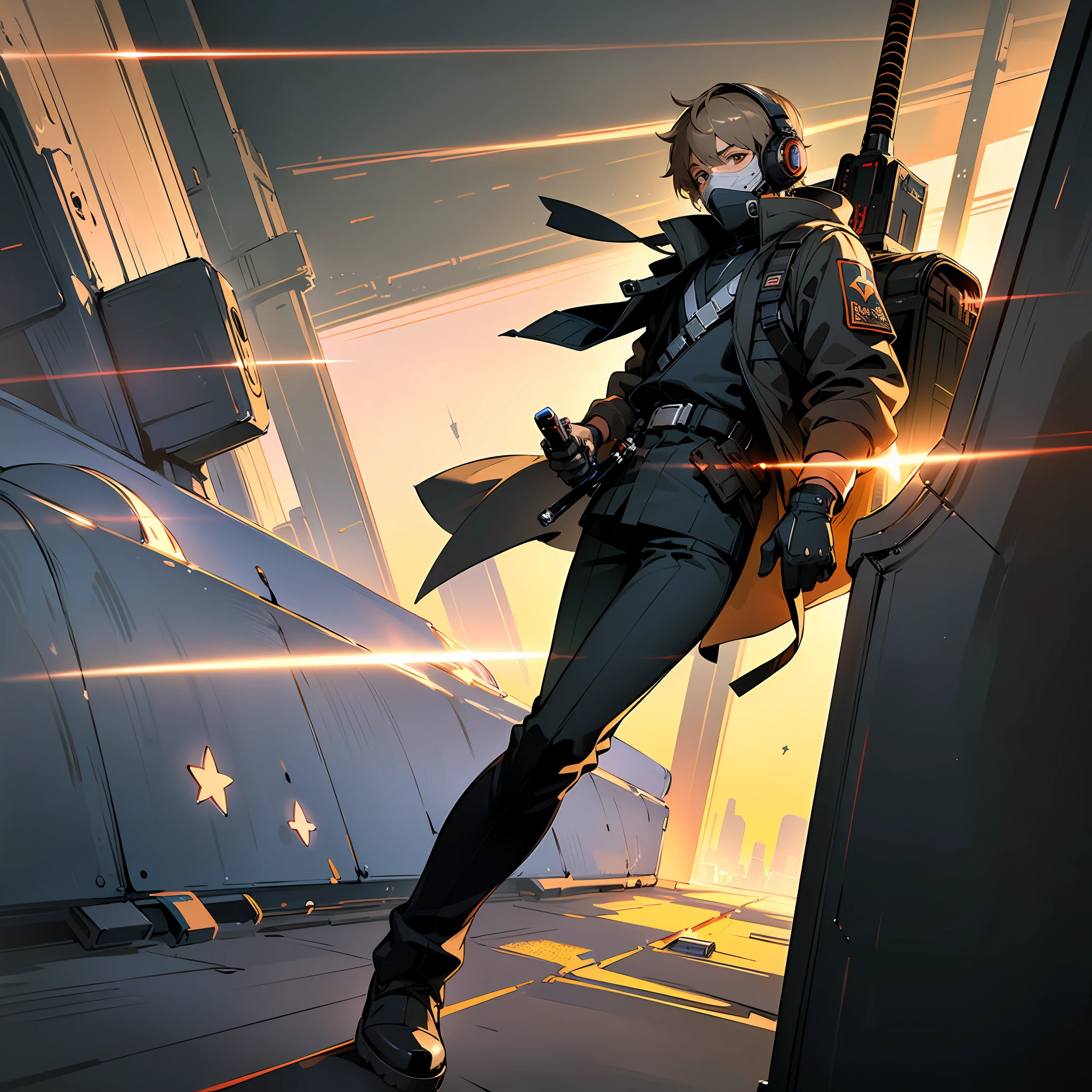((high quality)), ((masterpiece)), 8k, 1boy, bulletproof vest, light rays, extremely detailed CG unity 8k wallpaper, game cg, looking at viewer, gloves, boots, full body, watch, computer, mask, drone, holding weapon, headphones, jacket, bag, backpack, lightsaber, anakin skywalker, star wars