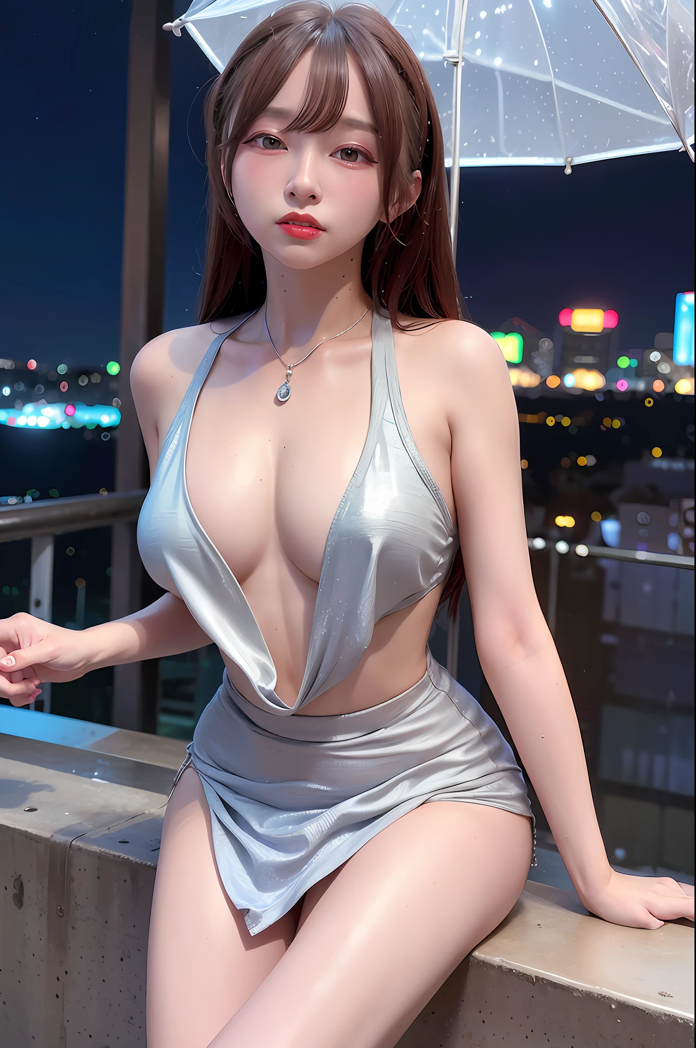 (8k, RAW photo, best quality, masterpiece:1.2), (realistic, photo-realistic:1.37),st. louis \(luxurious wheels\) \(azur lane\),1girl,(Kpop idol), (aegyo sal:1),hair ornament, portrait, (long loose silver revealing dress:1.1), necklace,cute,cityscape, night, rain, wet, professional lighting, photon mapping, radiosity, physically-based rendering,