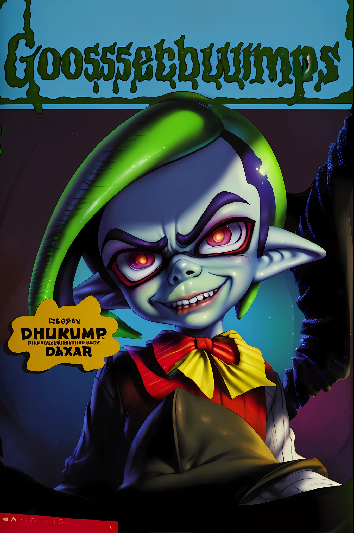 GoosebumpsBookCover,slappy the dummy as an inkling,pointing at you,detailed,