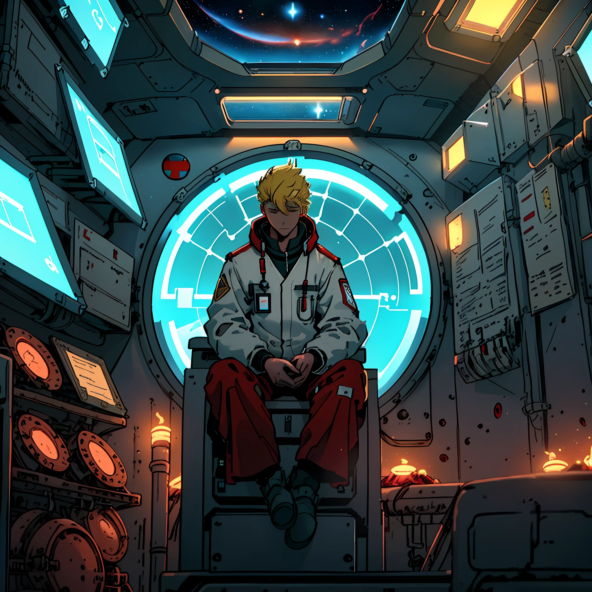 Draw a young blodne yellow hair medic, sitting on a medical bay research platform at the space ship, asteroid belt visible through the big window. He is studying with a notebook, surrounded by several asteroids glowing with fiery auras. Drips of red blood here and there, Dramatic lighting from distant stars and planets illuminates the scene, casting deep shadows on the medical coat. The young man looks confident and determined, looking at the vast and mysterious universe with wonder and respect, cowboy shot, middle lengh hair, red contrast colour, blood splater here and there