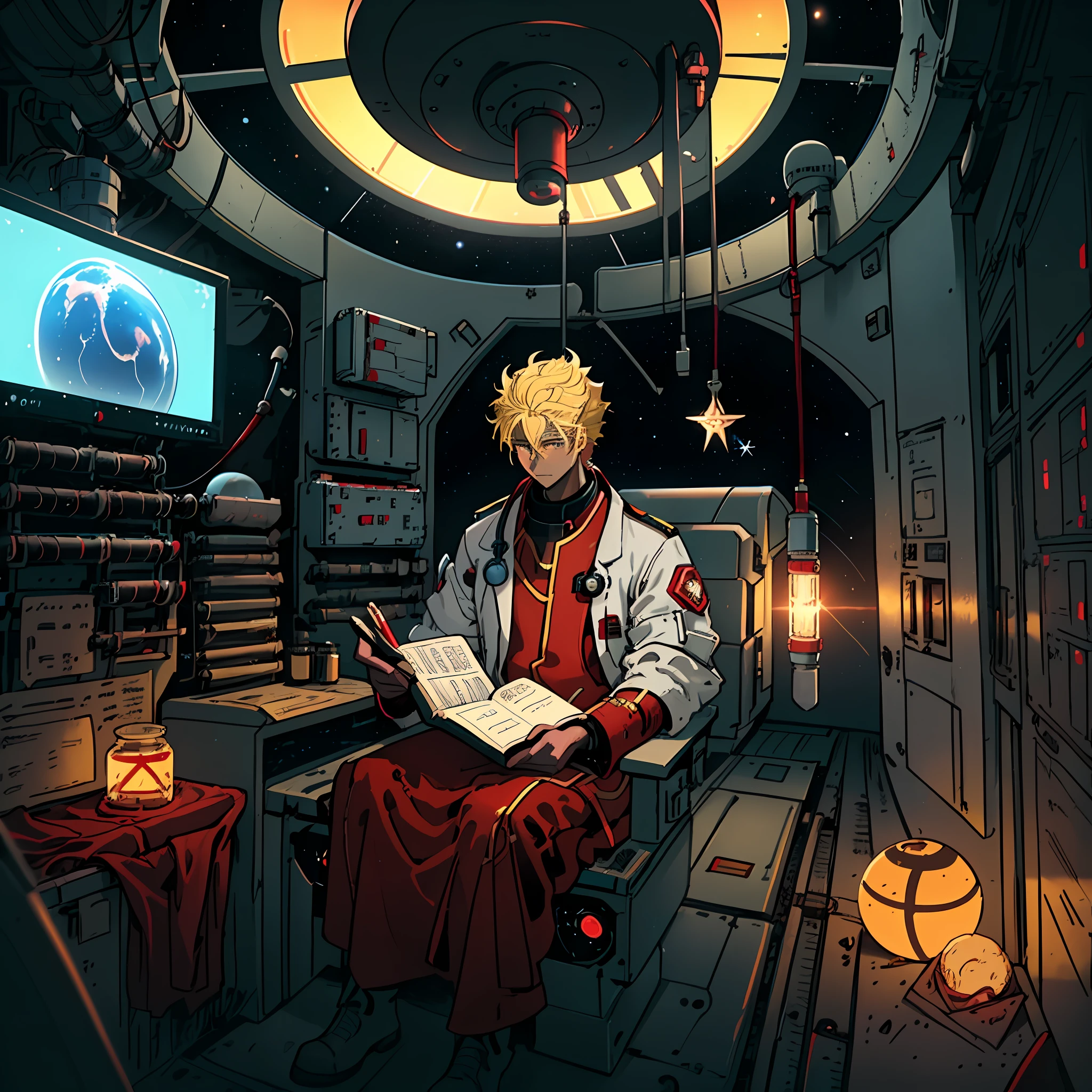 Draw a 27 years old blodne yellow hair medic, sitting on a medical bay research platform at the space ship, asteroid belt visible through the big window. He is studying with a notebook, surrounded by several asteroids glowing with fiery auras. Drips of red blood here and there, Dramatic lighting from distant stars and planets illuminates the scene, casting deep shadows on the medical coat. The young man looks confident and determined, looking at the vast and mysterious universe with wonder and respect, cowboy shot, middle lengh hair, red contrast colour, blood splater here and there