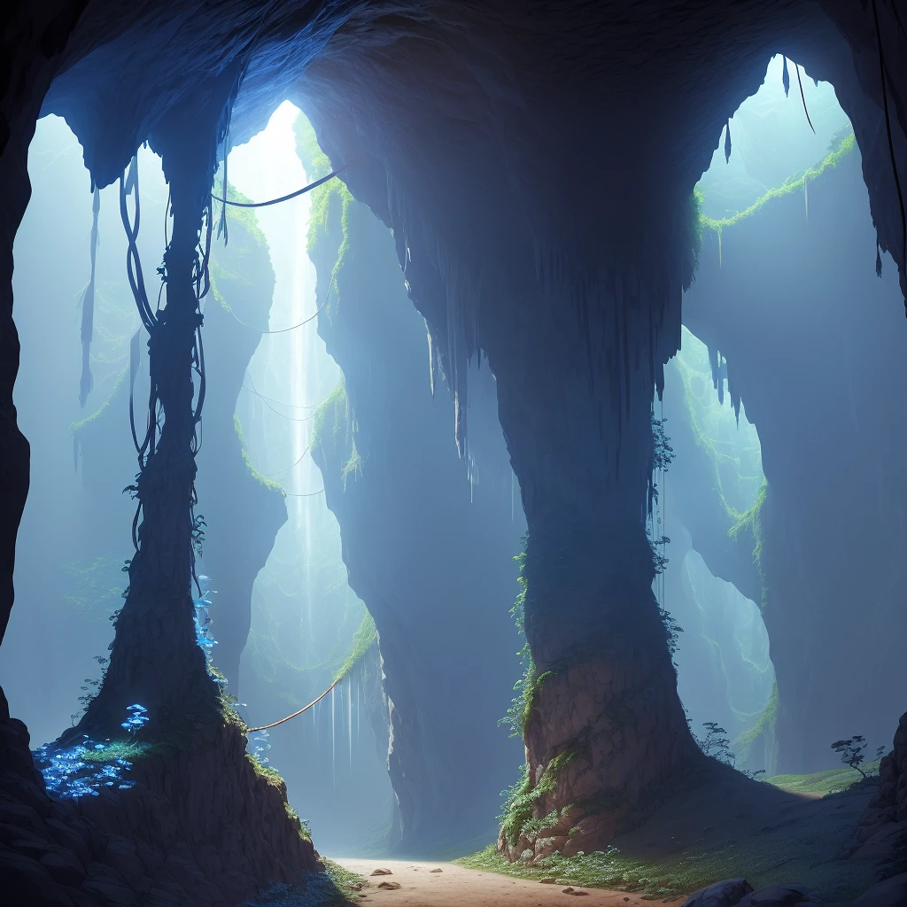 Caves, tunnels, stalactites, NOT thick vines, scattered pieces of cloth and ropes, blue crystals