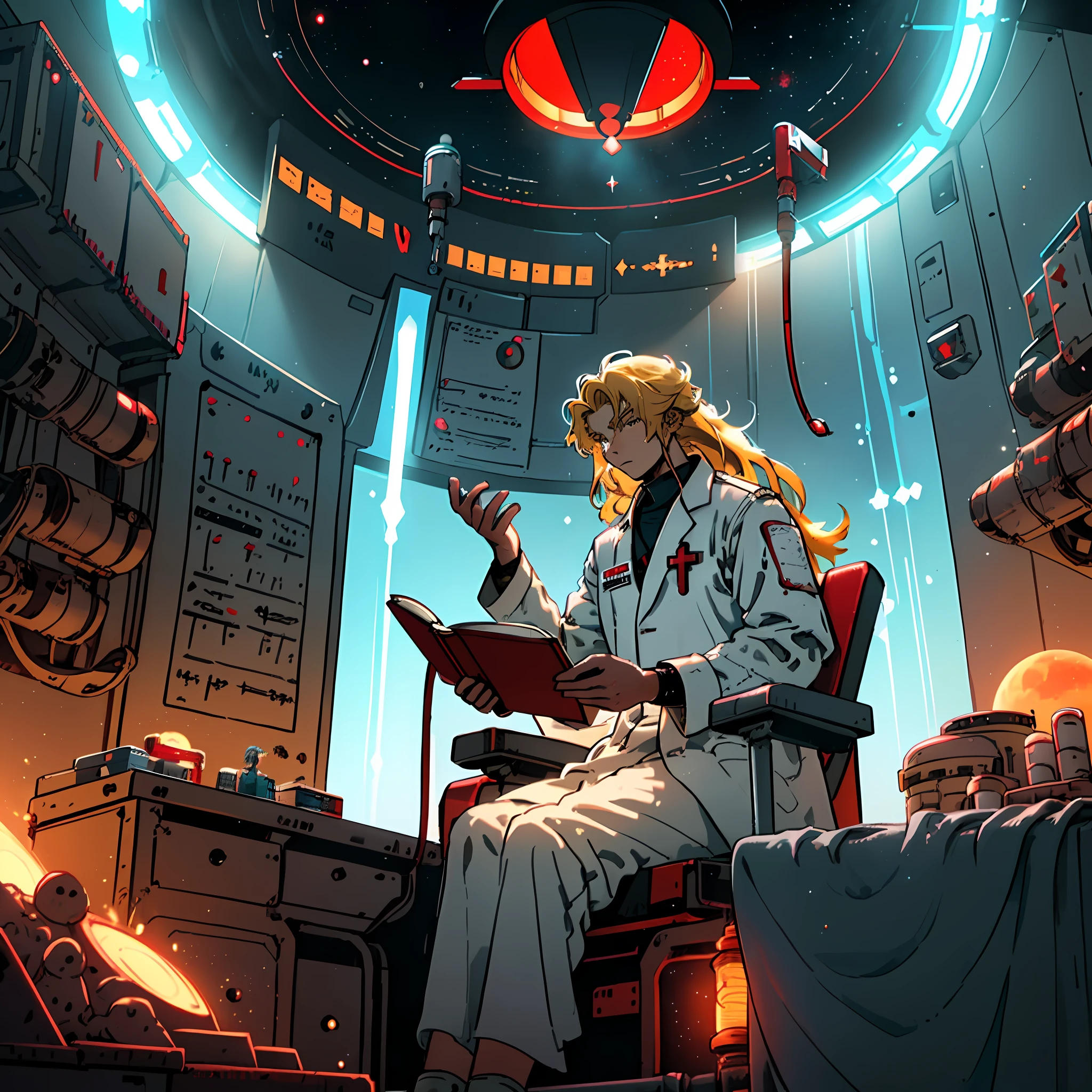Draw a young blodne yellow hair medic, sitting on a medical bay research platform at the space ship, asteroid belt visible through the big window. He is studying with a notebook, surrounded by several asteroids glowing with fiery auras. Drips of red blood here and there, Dramatic lighting from distant stars and planets illuminates the scene, casting deep shadows on the medical coat. The young man looks confident and determined, looking at the vast and mysterious universe with wonder and respect, cowboy shot, middle lengh hair, red contrast colour, blood splater here and there