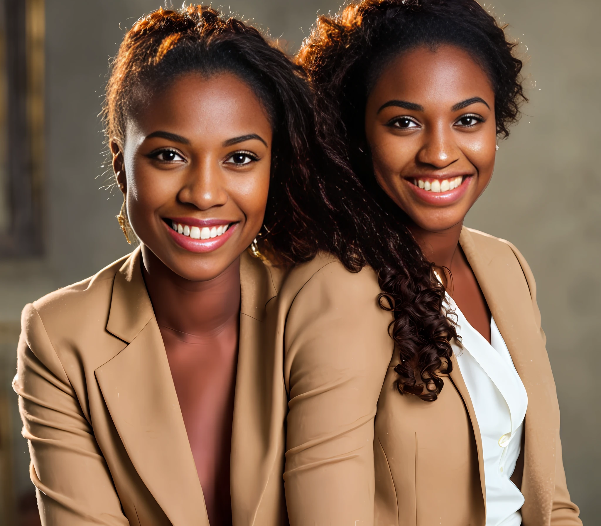 perfect portrait photo of (young black woman)) , best quality, she is wearing a beige suit, soft lighting, gorgeous, brunette woman, wide smile,
highly intricate high definition wallpaper