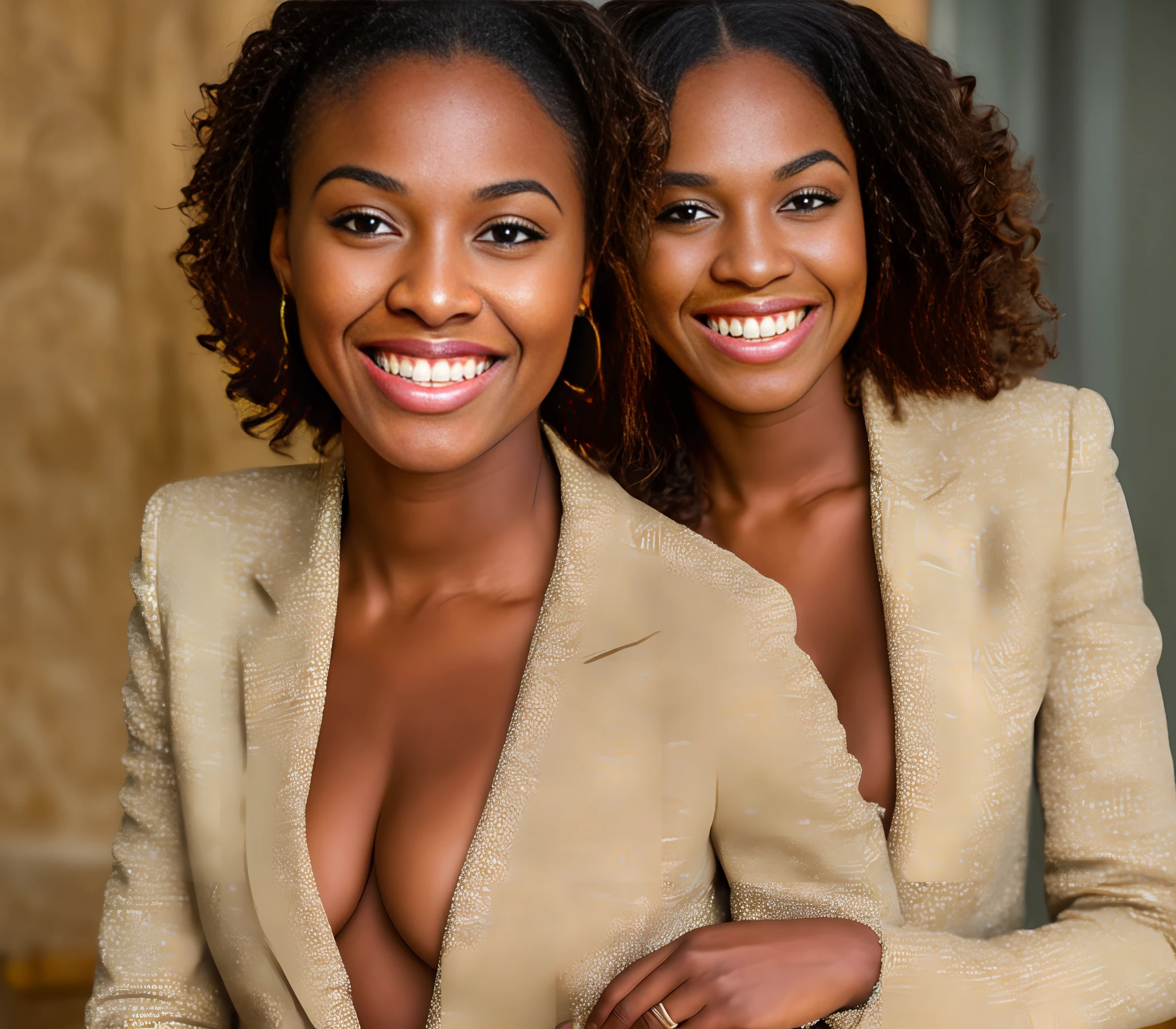 perfect portrait photo of (young black woman)) , best quality, she is wearing a beige suit, soft lighting, gorgeous, brunette woman, wide smile,
highly intricate high definition wallpaper