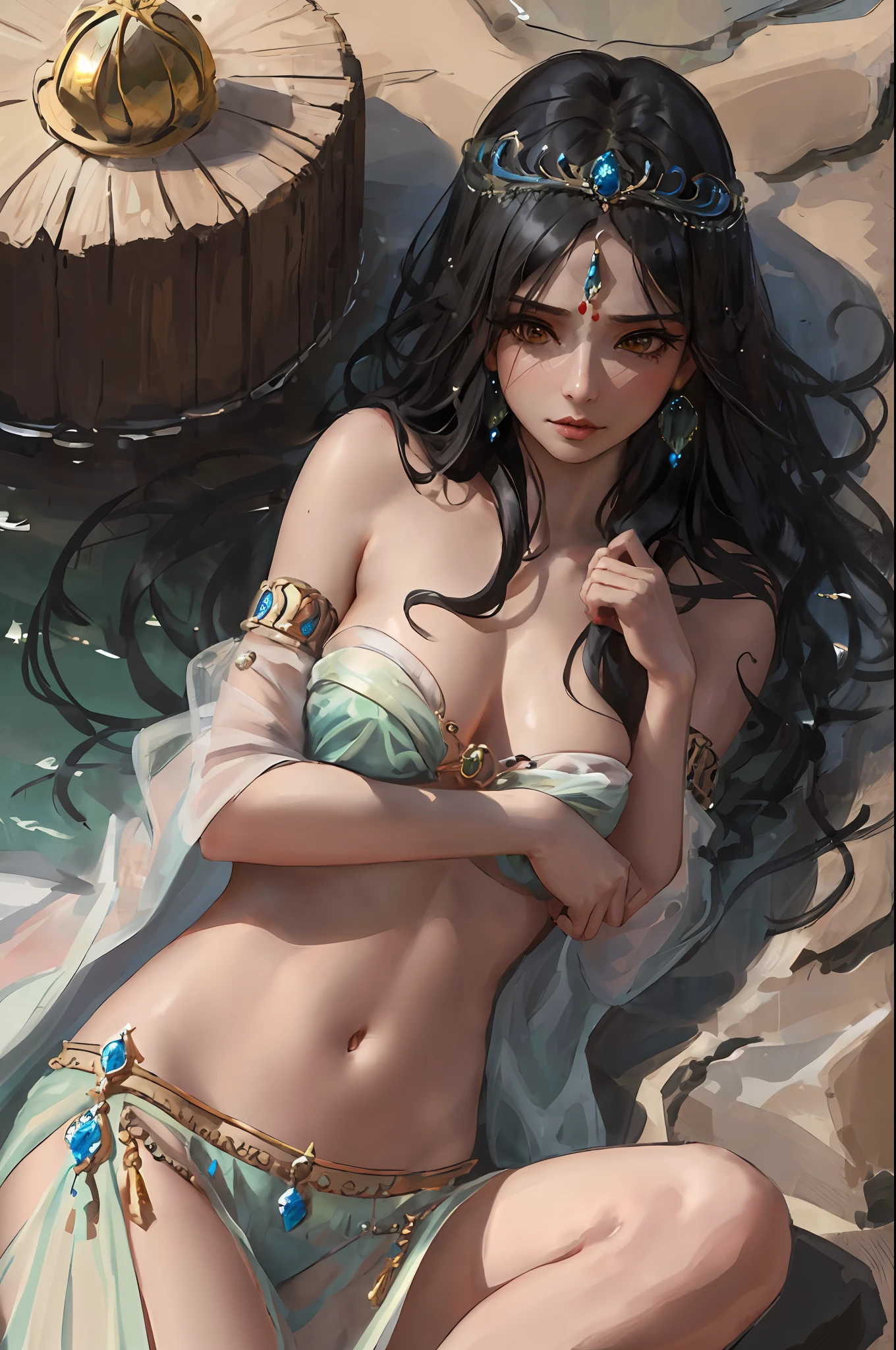 ((realistic:1.5)),((best quality)), ((masterpiece)),((detailed)), (1girl), {a beautiful female wearing a Sari}, (upper body:1.3),super-wide-angle lens,face focus, mature,sexy,toned muscles,long legs,curvy, barefoot, oversized firm breasts, open cleavage, drooping breasts, thick thighs,wide hips, thin legs, green eyes,long black hair,floting hair,long eyelashes, (detailed face,beautiful eye, detailed pupilss,detailed clothes features, clear background:1.3), (Bindi,Jhumkas:1.3), (Armlet, Haar, Payal,Maang Tikka,Jhumkas,Kamarband,Bangles:1.3), mysterious ancient ruin, lush forests, deep canyons,bridge,river,cliff,cloud, lakes,rock,waterfalls, flowers, grass, fog,vine,tree, smoke, best shadow,bright details,sharp,perfect composistion, Intricate, Sharp focus, dramatic, by Frank Frazetta,by Julie Bell,by Olivia De Berardinis,by Luis Royo,by boris vallejo, (specular lighting:1.3),rim light, princesses, playing, princesses playing with water, royal skimpy underwear, random royal color, laying on the floor, spooning her friend, hand on underwear, thirsty face, erotic face, lips open, almost undressed, underwear slid down, attended by servants, armed bodyguard, servant, gasping, breathing hard, fist clenched, visible slit, wet princess, princess with subjects