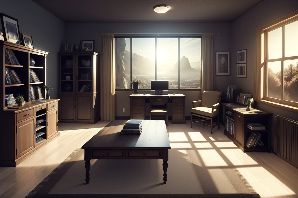 pc room, no humans, no window, masterpiece, realistic, ultra detailed, absurd, (dynamic lighting: 1.2), interior, night, darkness, PC, monitors, lie around, cables, CD discs, books, indirect light, show only the table