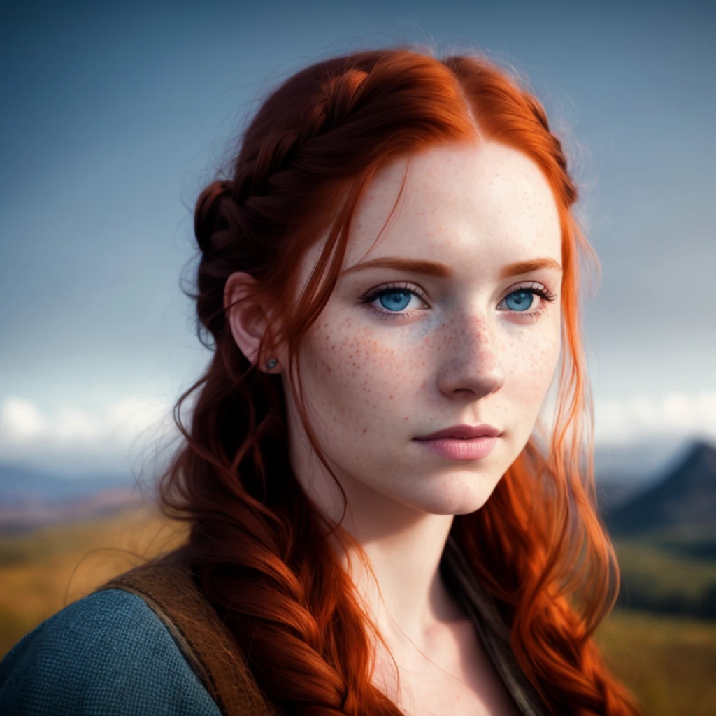 redhead haired woman with freckles and blue eyes looking at the camera, cinematic realistic portrait, cinematic portrait, 8k portrait render, highly detailed vfx portrait, soft portrait shot 8 k, highly detailed vfx portrait of, portrait of nordic girl, color photograph portrait 4k, cinematic headshot portrait, matte painting portrait shot, cinematic shot epic portraits, complex redhead braided hair
