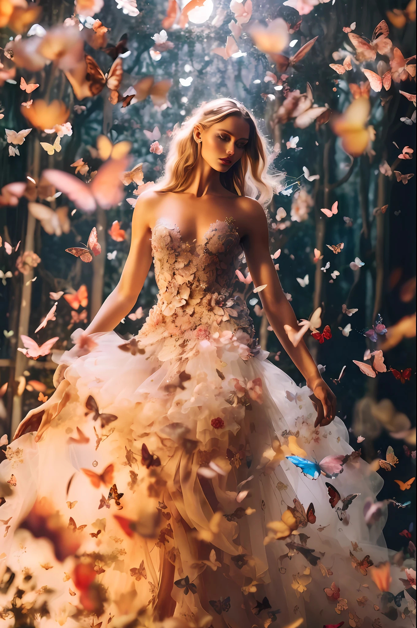 A hyper-detailed, ultra-realistic, full body, magazine photo shoot of a supermodel, Enchanted Garden: A whimsical shoot featuring a model in ethereal gowns, surrounded by blooming flowers, butterflies, and twinkling fairy lights --ar 2:3