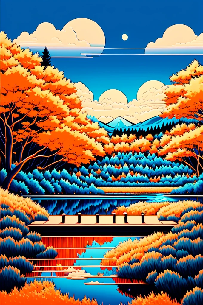 Intricate painting of a detailed lake, by range murata, a big blue moon in the background, clouds, vivid colors, high contrast, forest scape, vector line art, orange highlights, trending in pixiv, anime concept art, awesome, matte, high quality, edge-to-edge, van gogh