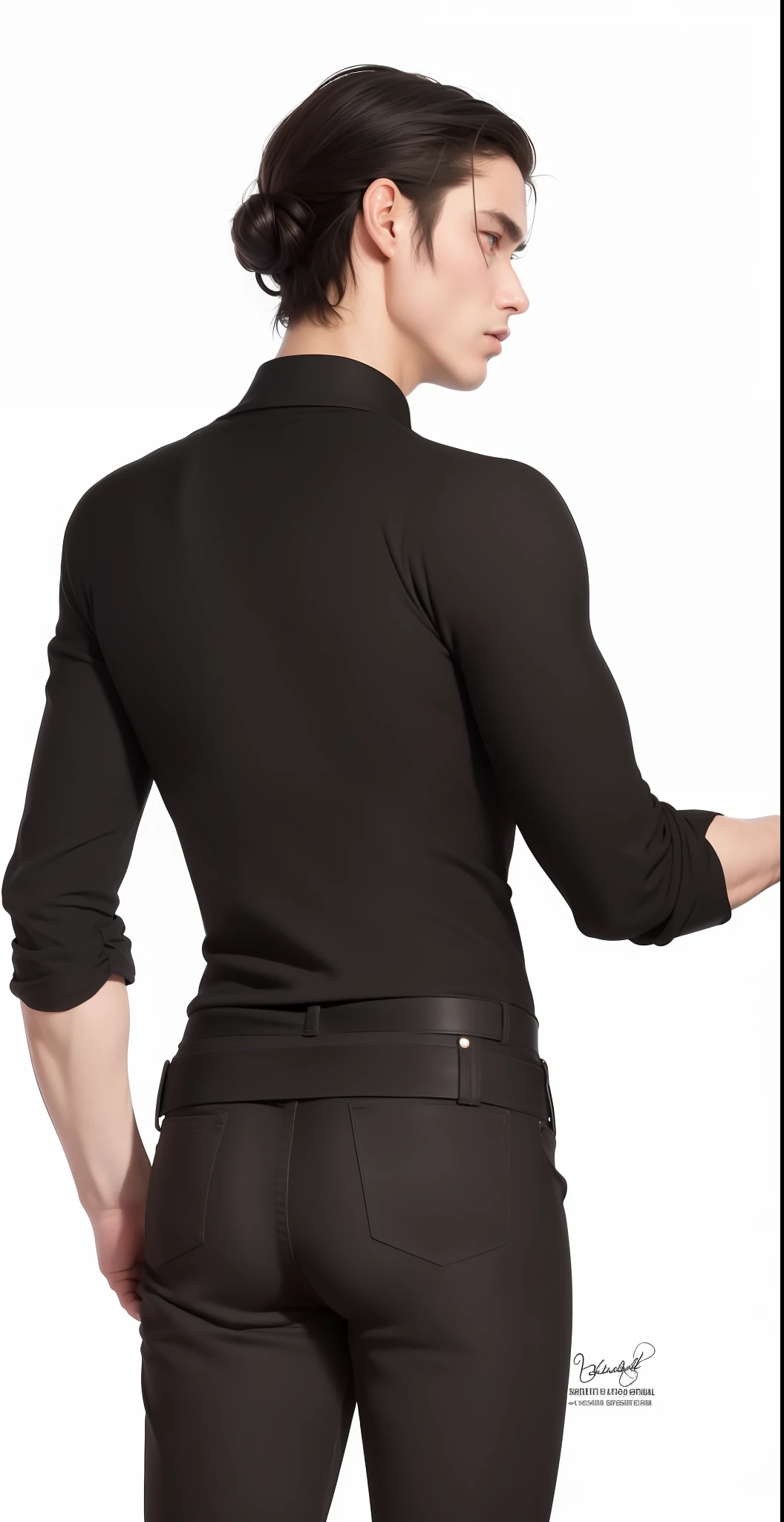 best quality, masterpiece, (realistic: 1.2), 1 man, Eren Jaeger, real life, live action, black jeans, black pants, brown hair, attack on Titan, white background, black jacket, slim body, high definition, high quality, manbun, back, fit body