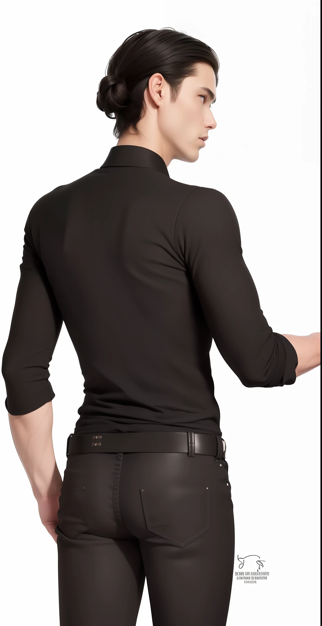 best quality, masterpiece, (realistic: 1.2), 1 man, Eren Jaeger, real life, live action, black jeans, black pants, brown hair, attack on Titan, white background, black jacket, slim body, high definition, high quality, manbun, back, fit body