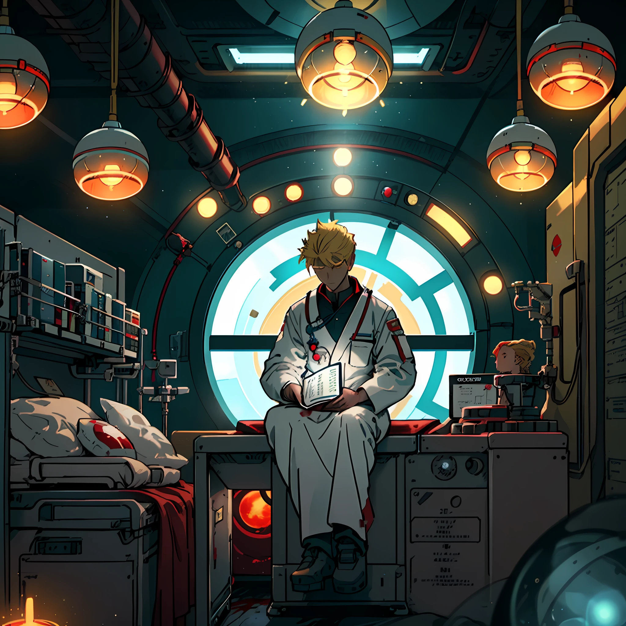 Draw a 27 years old blonde yellow hair medic, sitting on a medical bay research platform at the space ship, asteroid belt visible through the big window. He is studying with a notebook, surrounded by several asteroids glowing with fiery auras. Drips of red blood here and there, Dramatic lighting from distant stars and planets illuminates the scene, casting deep shadows on the medical coat. The young man looks confident and determined, looking at the vast and mysterious universe with wonder and respect, cowboy shot, middle lengh hair, red contrast colour, blood splater here and there