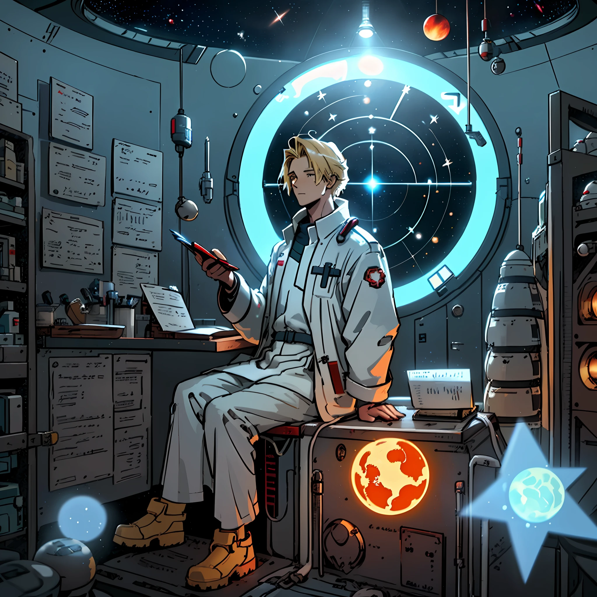 Draw a 27 years old blonde yellow hair medic, sitting on a small medical bay research platform at the space ship, asteroid belt visible through the big window. He is studying with a notebook, surrounded by several asteroids glowing with fiery auras. Drips of red blood here and there, Dramatic lighting from distant stars and planets illuminates the scene, casting deep shadows on the medical coat. The young man looks confident and determined, looking at the vast and mysterious universe with wonder and respect, cowboy shot, middle lengh hair, red contrast colour, blood splater here and there