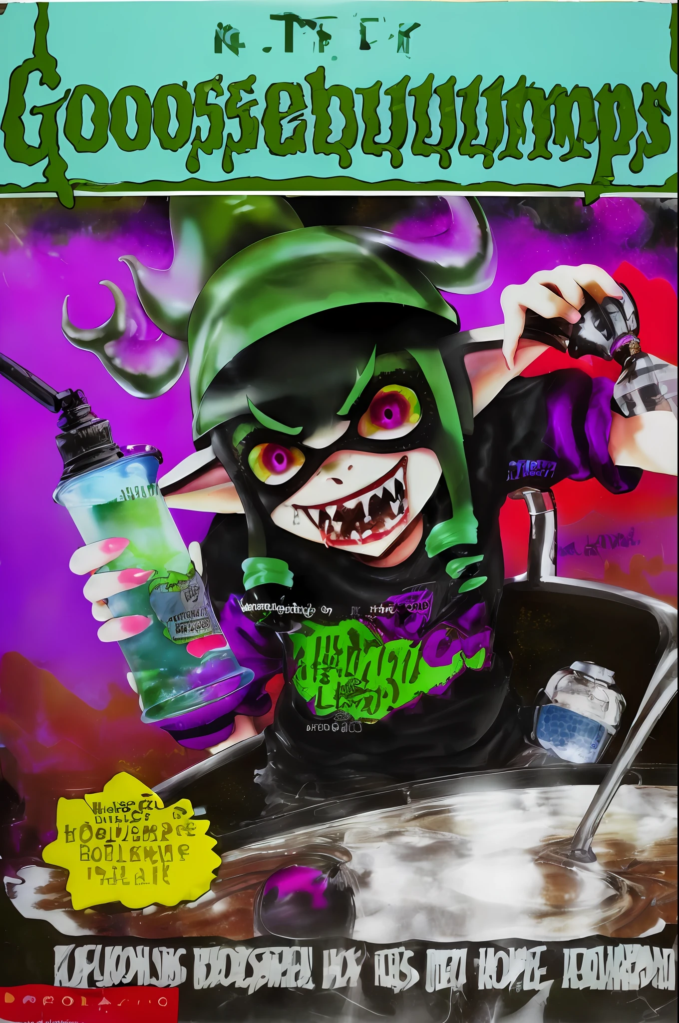 GoosebumpsBookCover, one day at horrorland,Inkling,splatoon,inkling,detailed,a horror from horrorland as an inkling with curly horns,giving you a disgusting drink