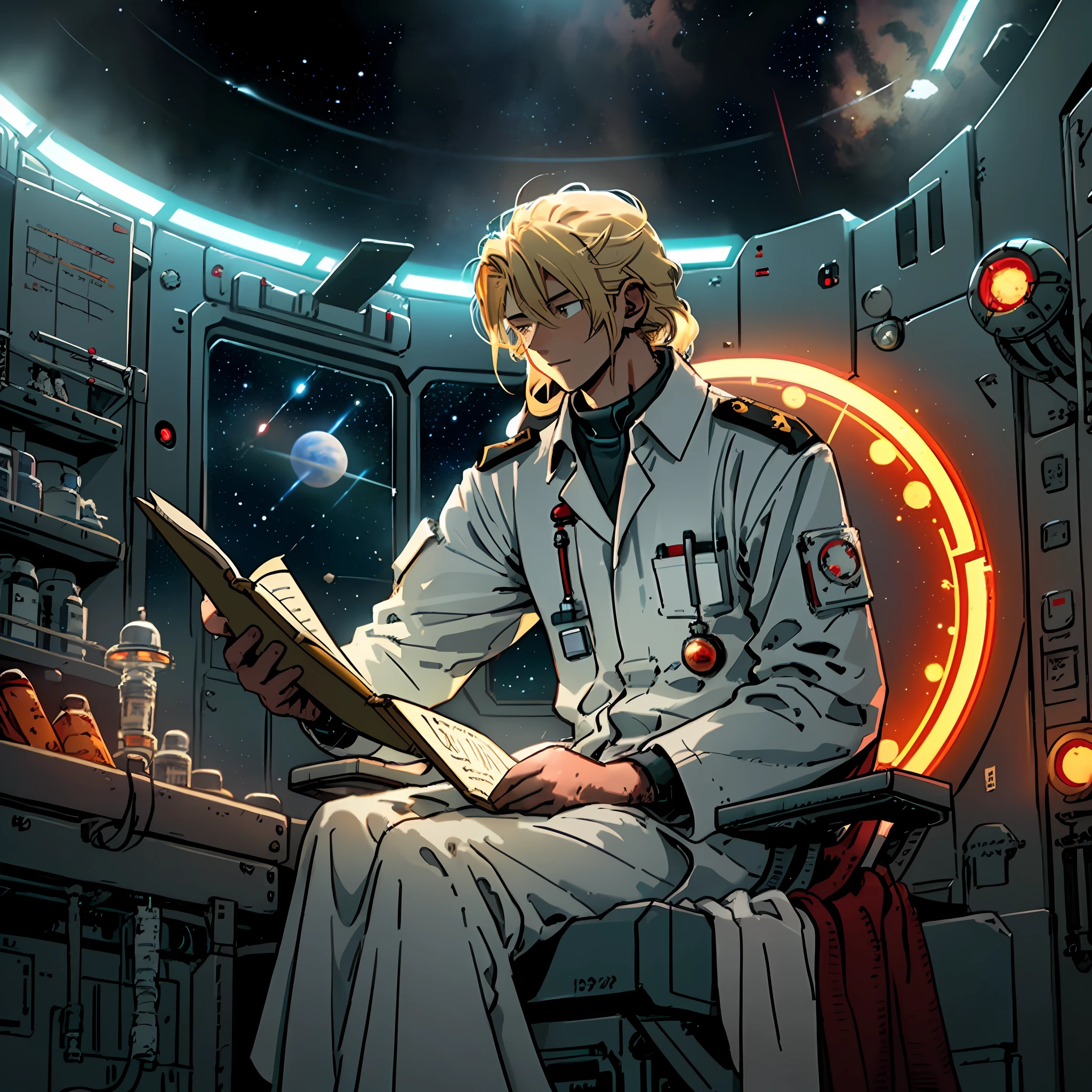 Draw a 27 years old blonde yellow hair medic, sitting on a small medical bay research platform at the space ship, asteroid belt visible through the big window. He is studying with a notebook, surrounded by several asteroids glowing with fiery auras. Drips of red blood here and there, Dramatic lighting from distant stars and planets illuminates the scene, casting deep shadows on the medical coat. The young man looks confident and determined, looking at the vast and mysterious universe with wonder and respect, cowboy shot, middle lengh hair, red contrast colour, blood splater here and there