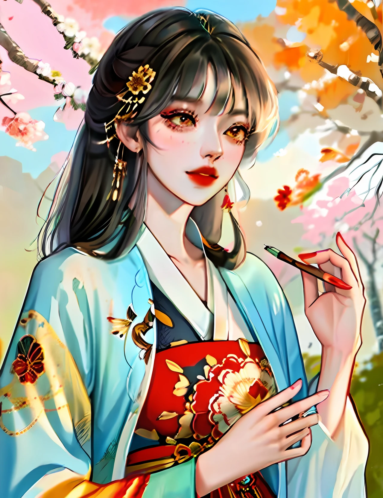 stunning woman, ancient chinese clothes, jewelry, red lips, makeup, bangs, brown eyes, blossom tree background, hand painting, smooth art