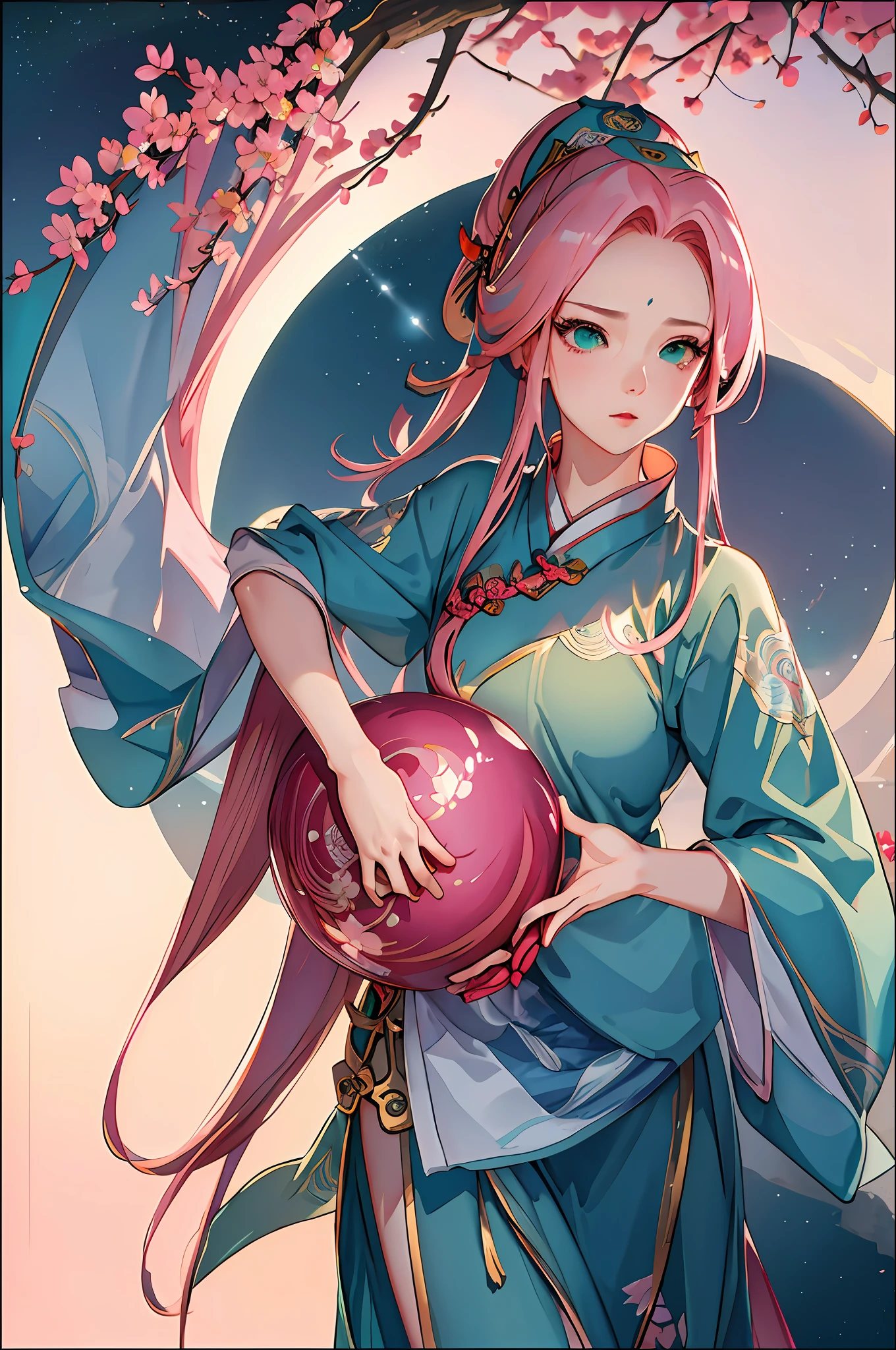masterpiece, professional lighting, photon mapping, radiosity, physically-based rendering, 1girl, full body, pink hair, forehead to show,absurdres, highres, skyline, beautiful detailed sky, covered, (hanfu, ming style), green eyes,