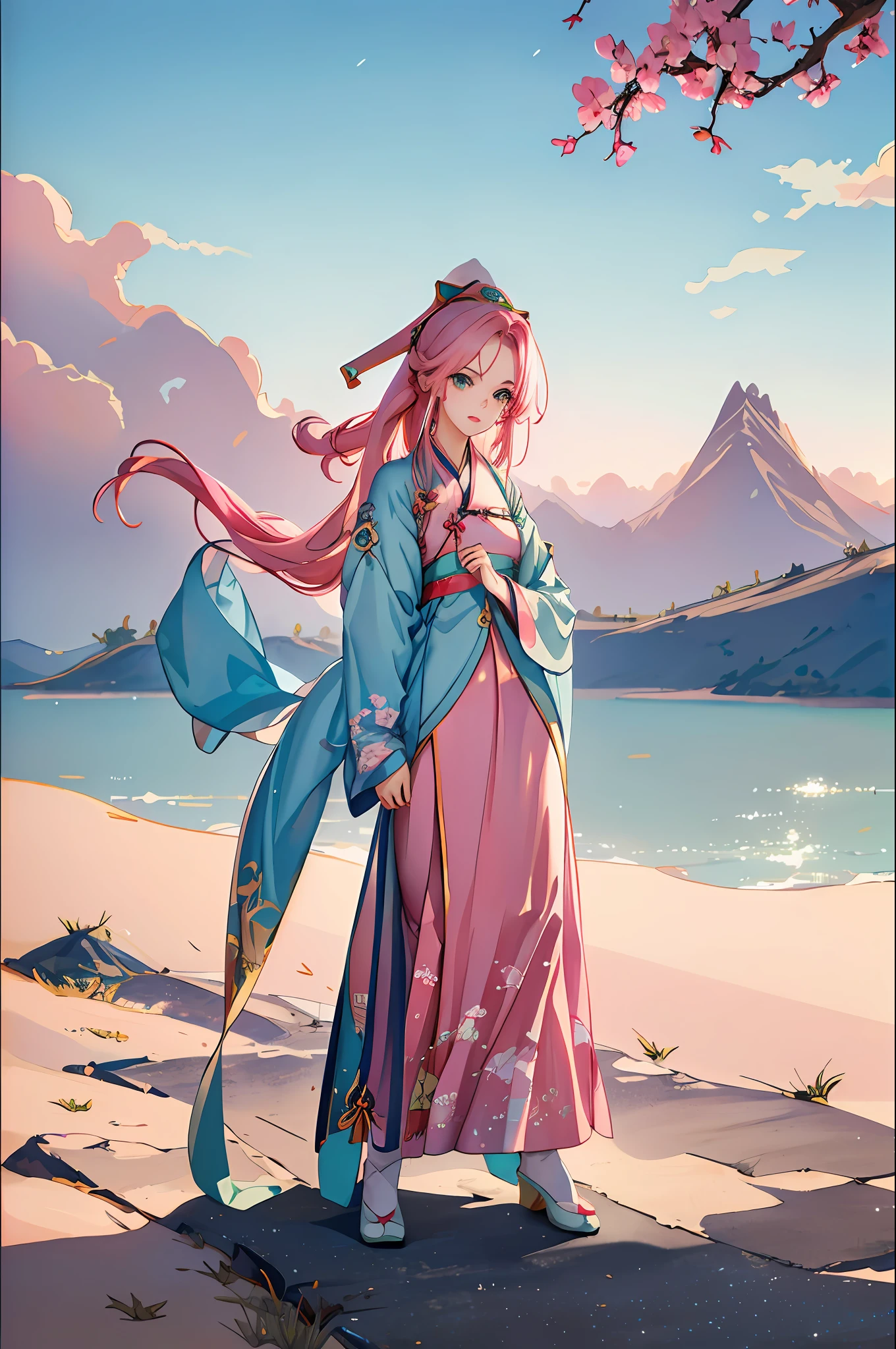 masterpiece, professional lighting, photon mapping, radiosity, physically-based rendering, 1girl, full body, pink hair, forehead to show,absurdres, highres, skyline, beautiful detailed sky, covered, (hanfu, ming style), green eyes,