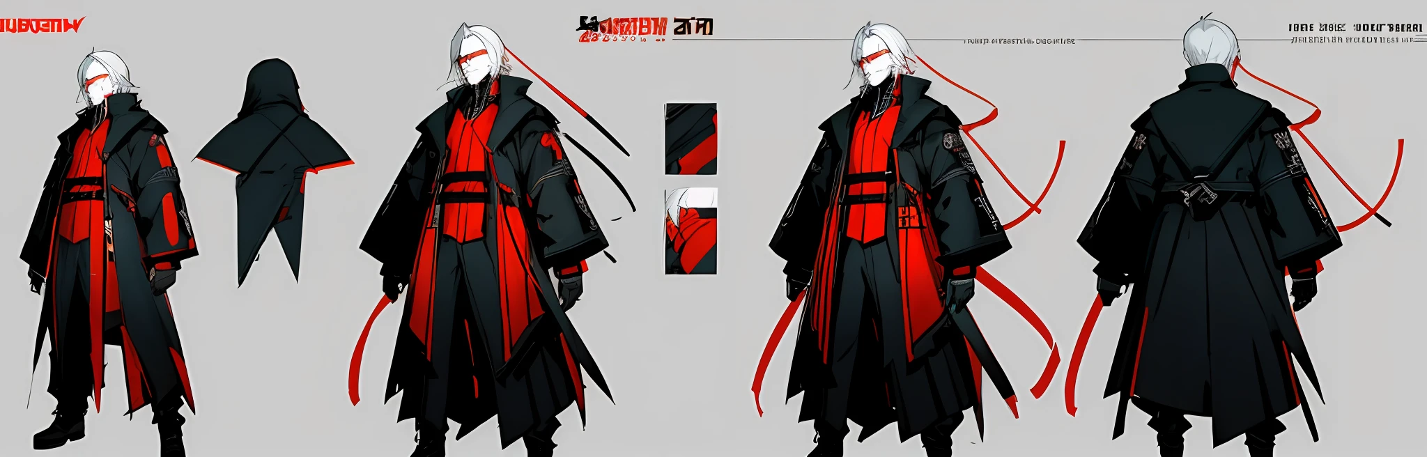cyberpunk baddass, men with demon mask, white hair, red cloack, charturnerv2, full body, standing, same outfit, concept-art, full body, detail_face, line_sketch, design style, multi style, detail character, , massive detail, (character turnaround:1) ,multiple views of the same character, Highly detailed, expressionless, stylistic, no background, only detail character,4_side, concept render, scientific diagram, technical illustration, multiple views,
