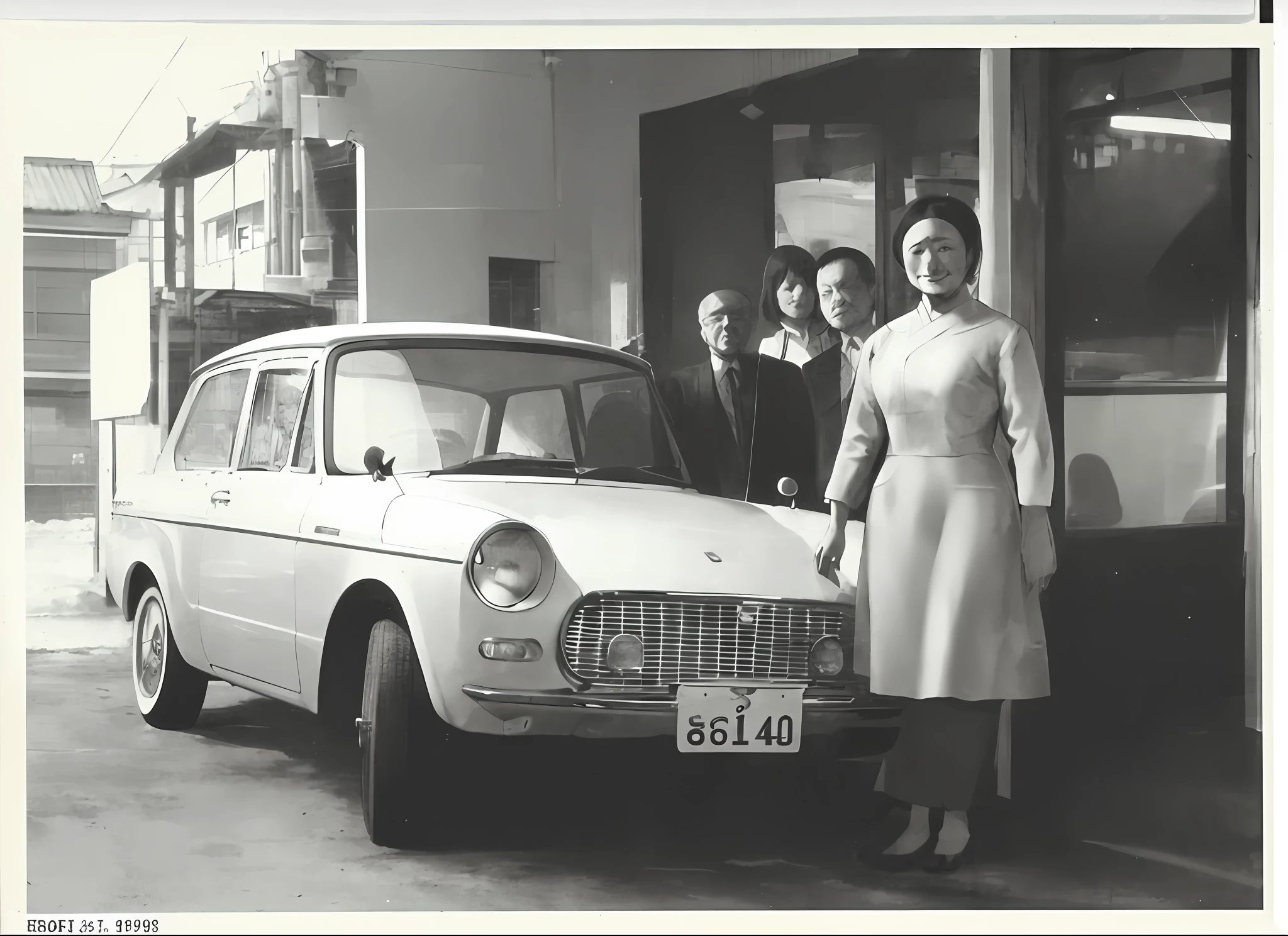 arafed photo of a woman standing next to a car with a number plate, late 1 9 6 0's, ishirō honda, taken in the early 1960s, nishimiya shouko, 1968 soviet japanese, by Hiroshi Honda, megumu okada, by Nagasawa Rosetsu, 80's japanese photo