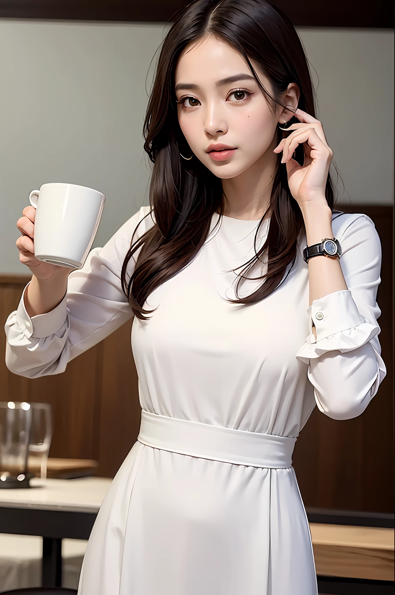 (8k, best quality, masterpiece:1,2), (realistic, photo-realistic:1,37), top quality, masterpiece, a beautiful woman, want to drink coffee, right hand holding a coffee cup, elegant style. Indonesian women's style, clean white skin, beautiful eyes, medium hair, wears a watch